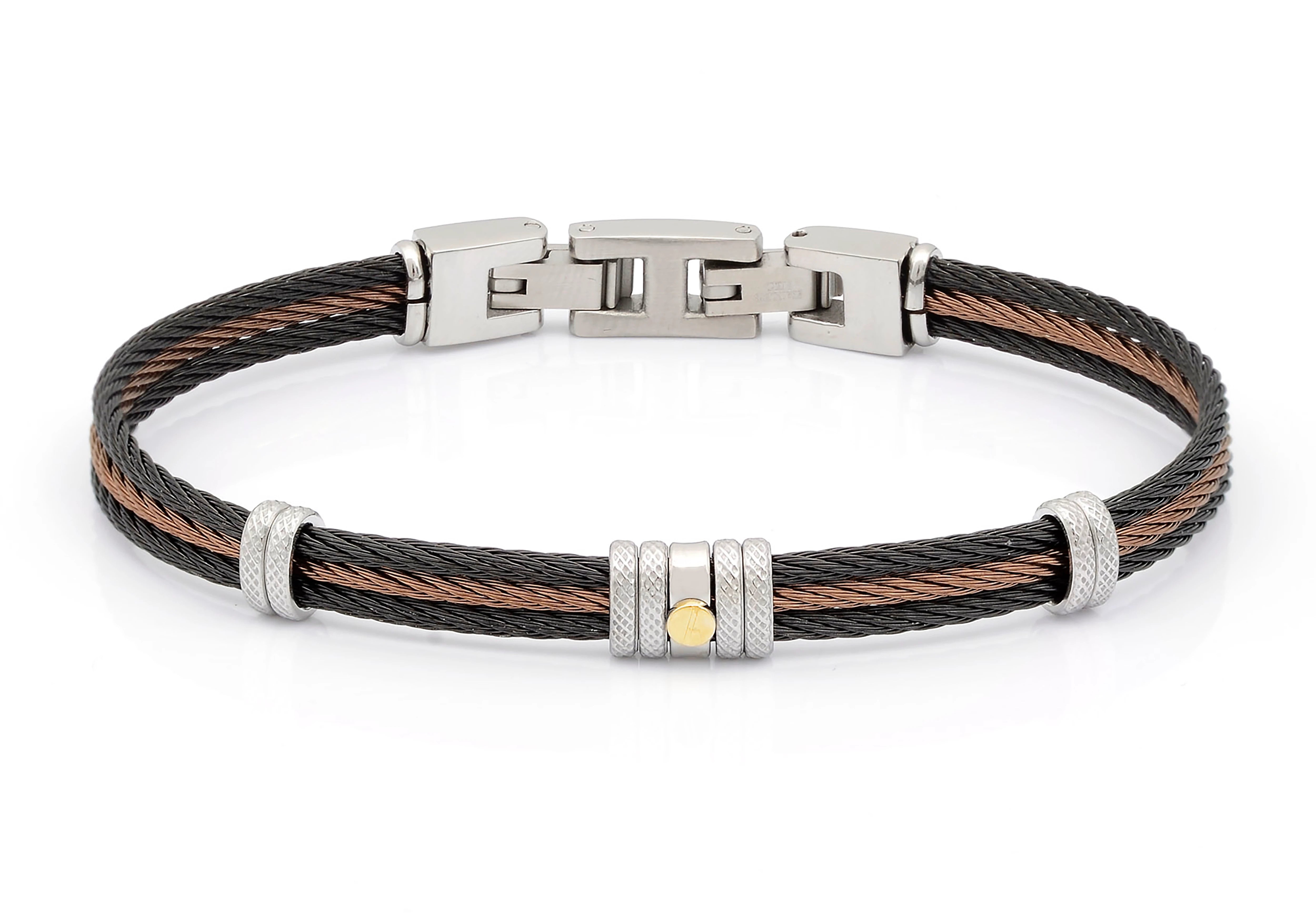 Bracelet with black and brown PVD steel cable with central gold screw in 18Kt