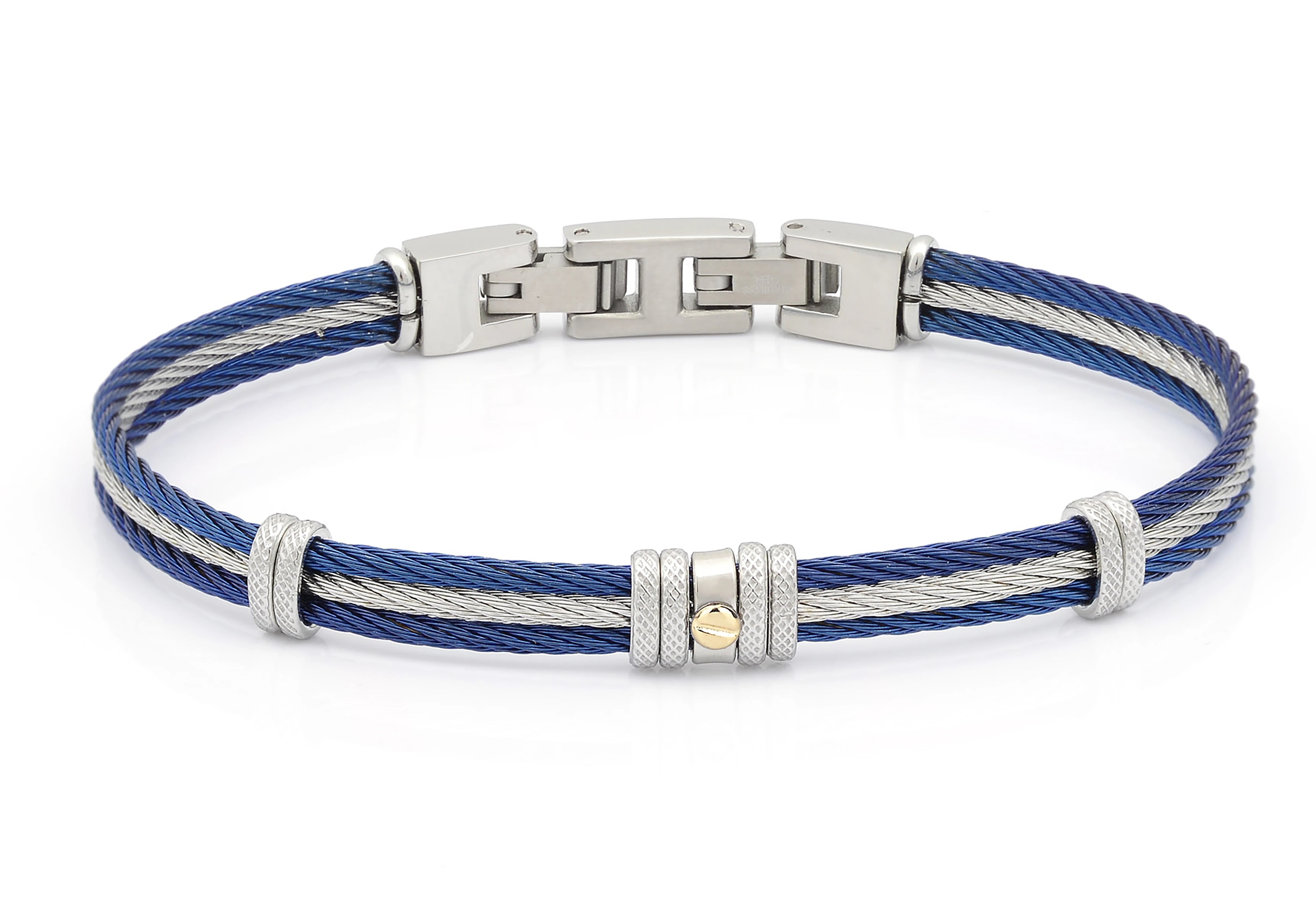 Bracelet with blue and white PVD steel cable with central gold screw in 18Kt