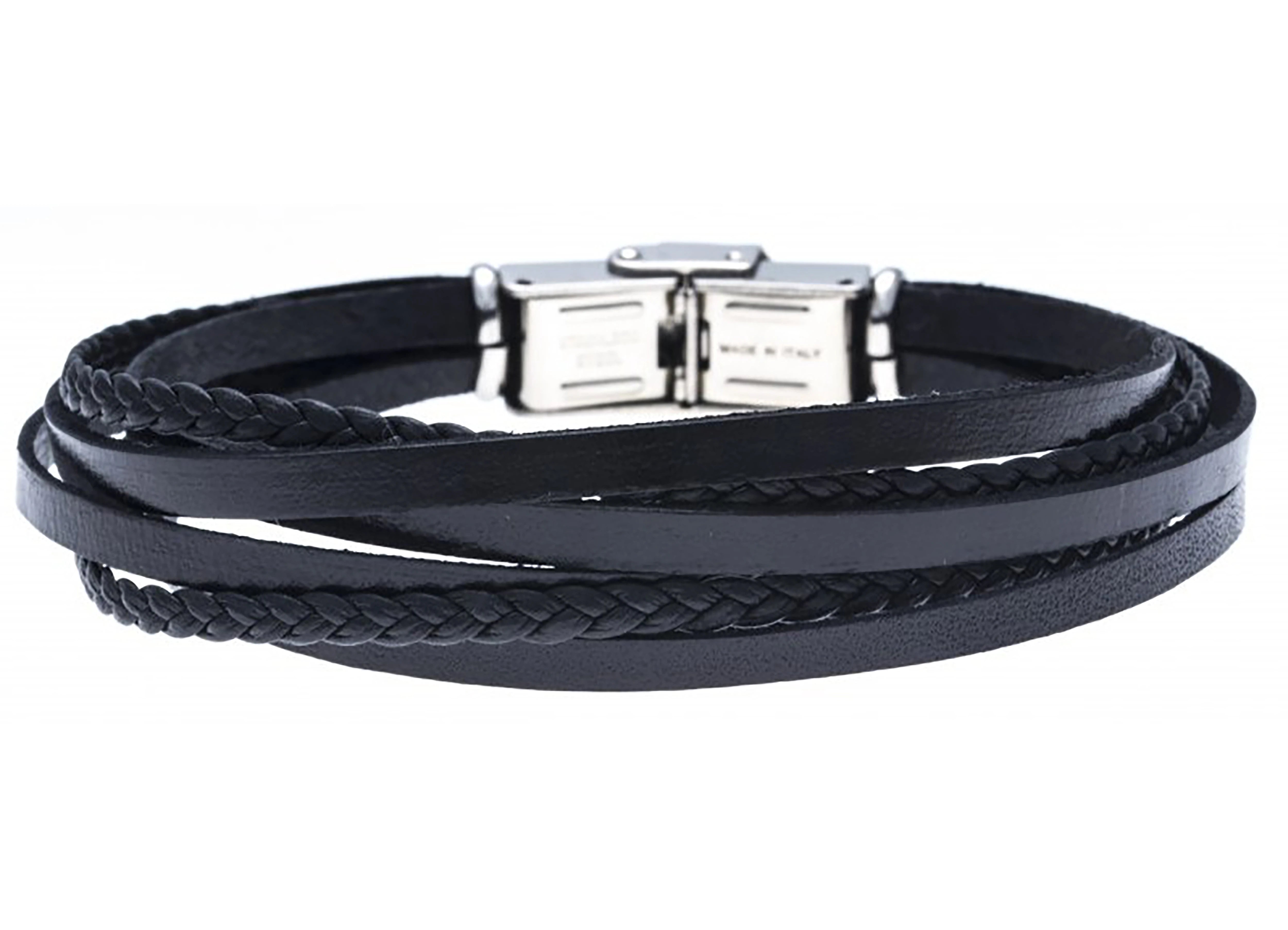 Stainless steel and leather bracelet with multi-strand black braid