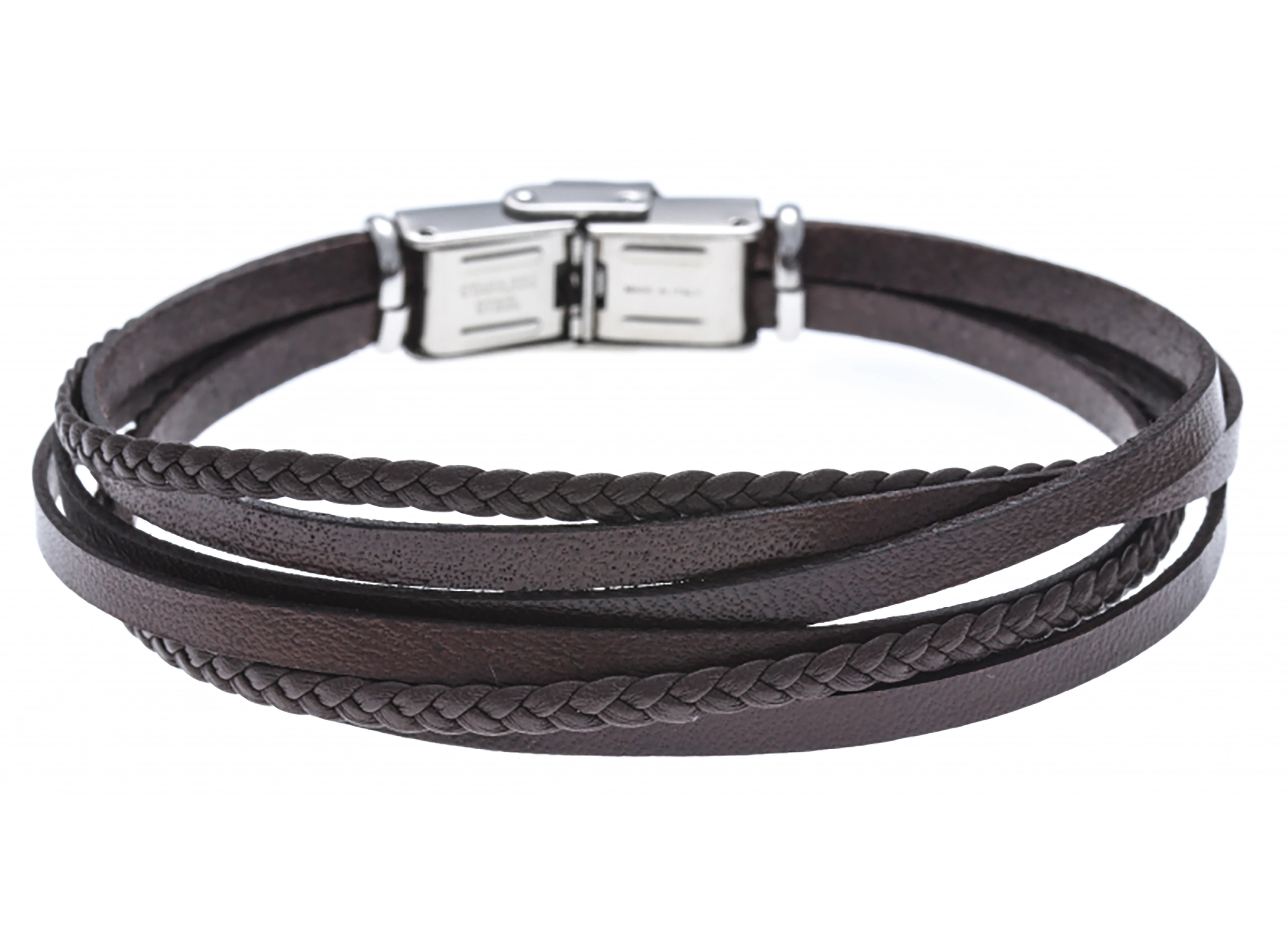 Stainless steel and leather bracelet with multi-strand brown braid