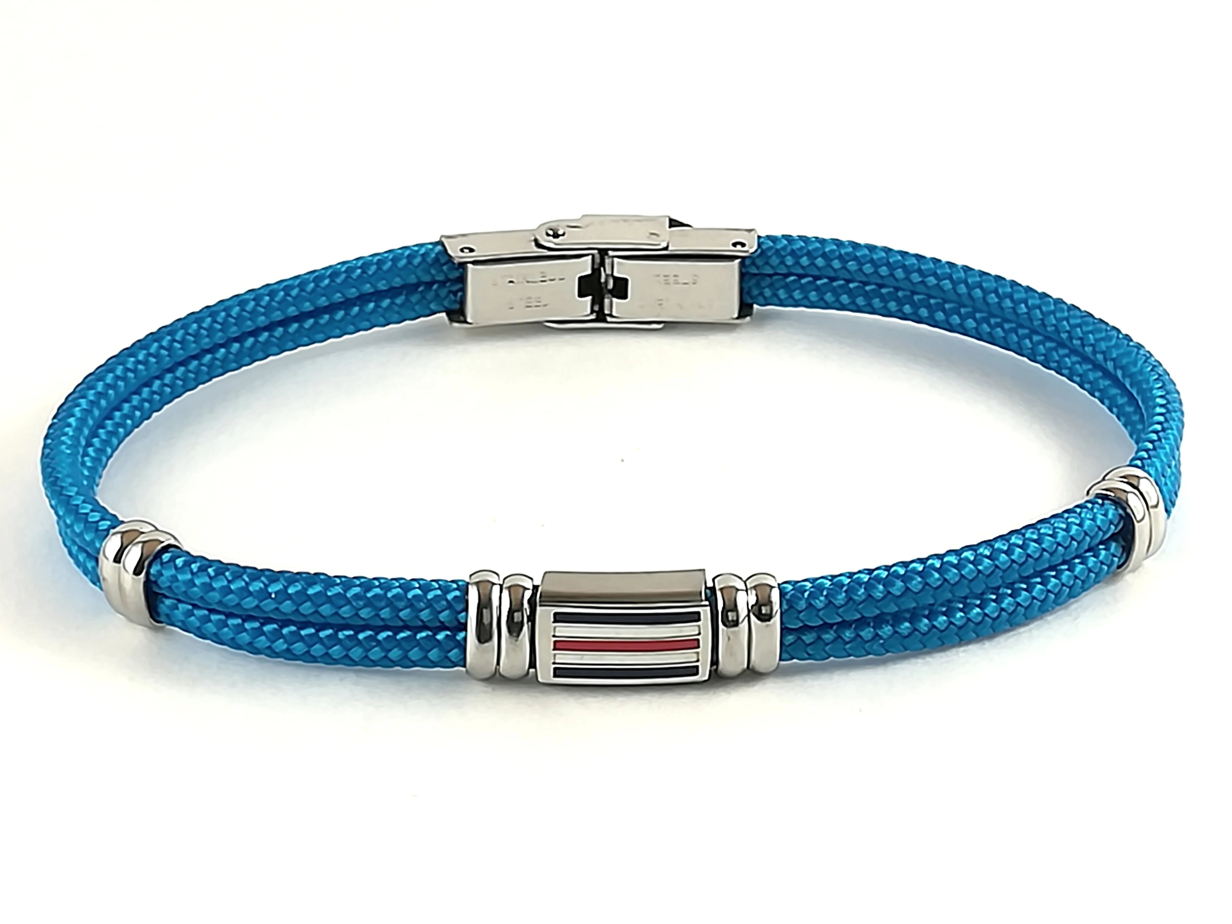 Stainless steel bracelet and light blue nautical rope and central enameled flag