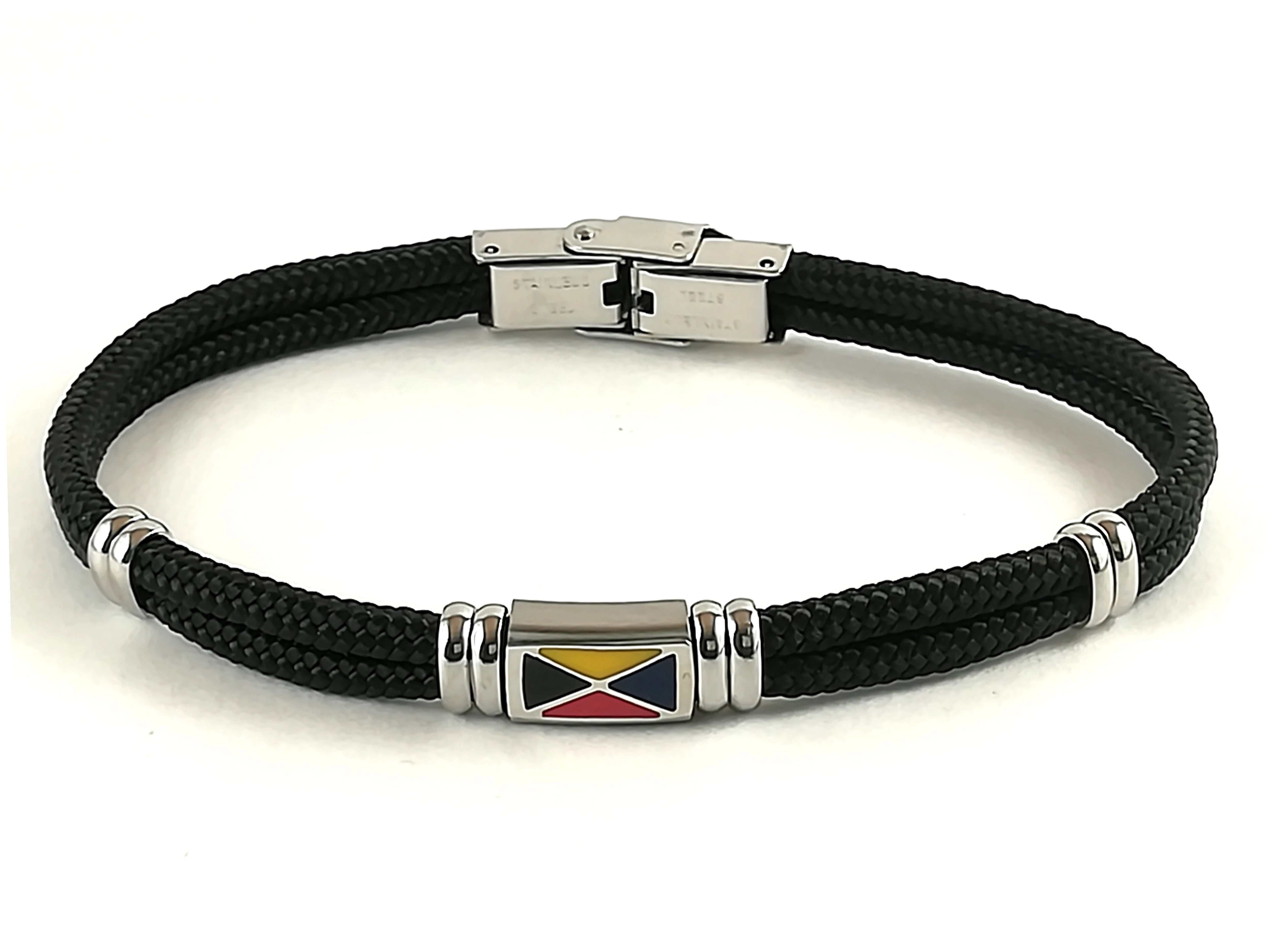 Stainless steel bracelet and black nautical rope with central enameled flag