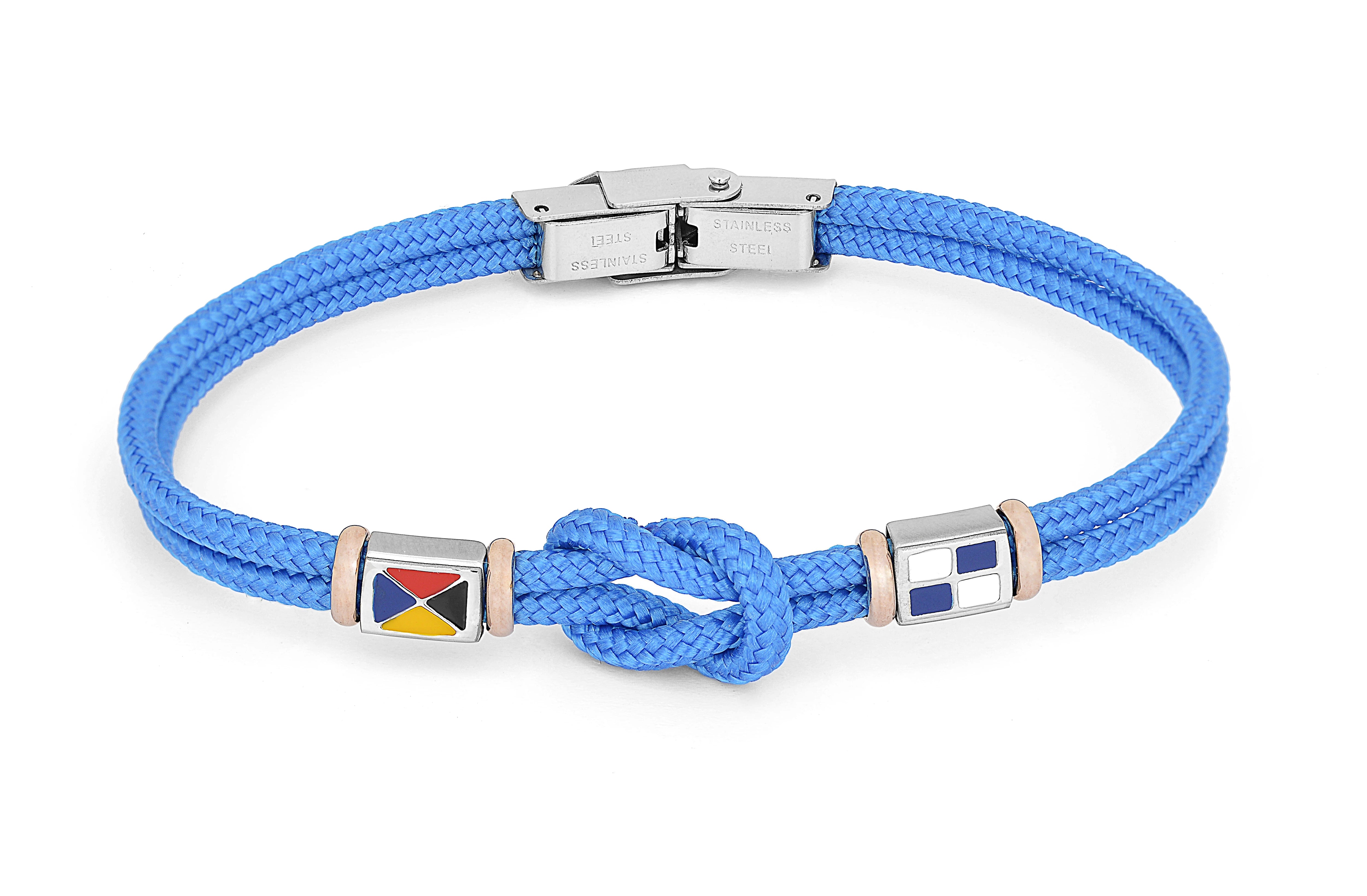 Stainless steel bracelet and light blue nautical rope and flags