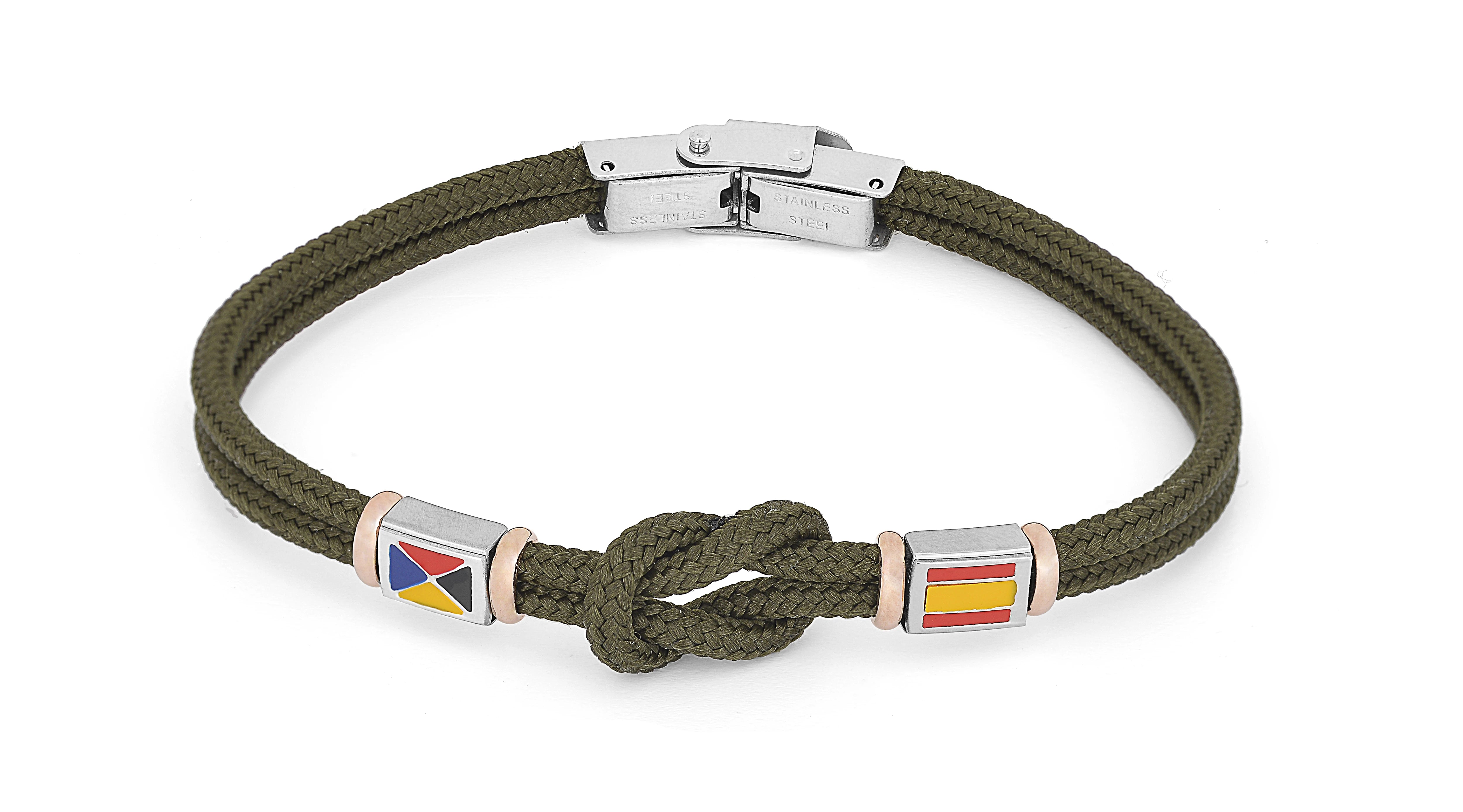 Stainless steel bracelet and military green nautical rope and flags