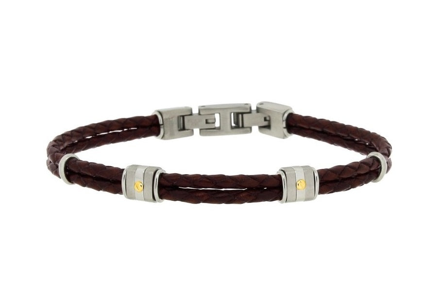 Stainless steel and brown leather bracelet with two steel groups and 18kt gold screws (gr 0.04)