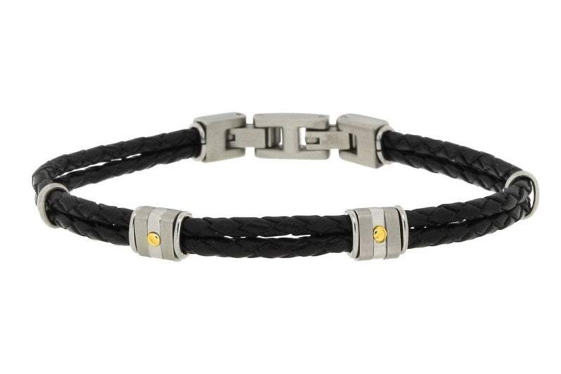 Stainless steel and black leather bracelet with two steel groups and 18kt gold screws (gr 0.04)