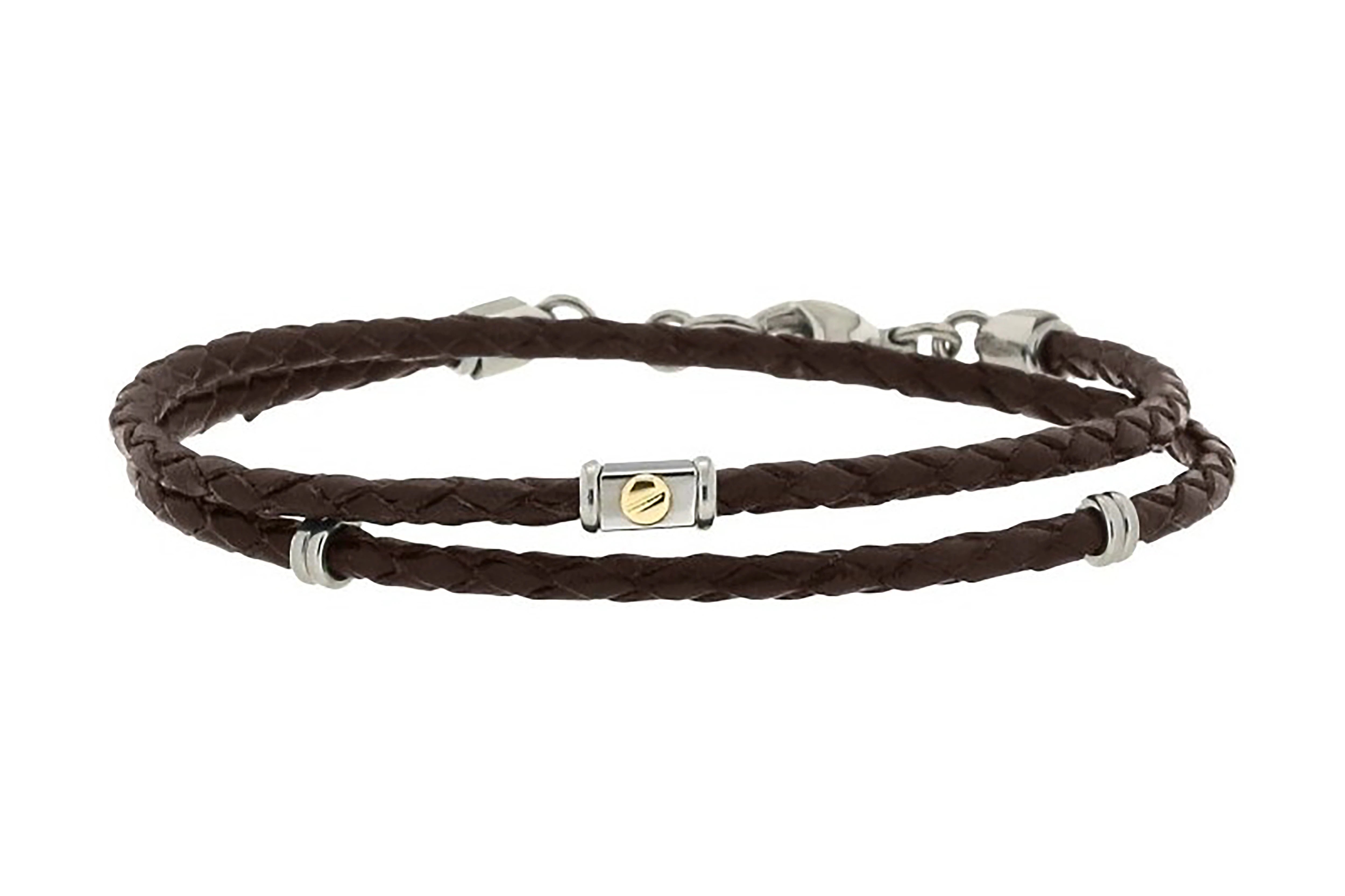 Stainless steel and brown leather bracelet two turns with 18kt gold screw