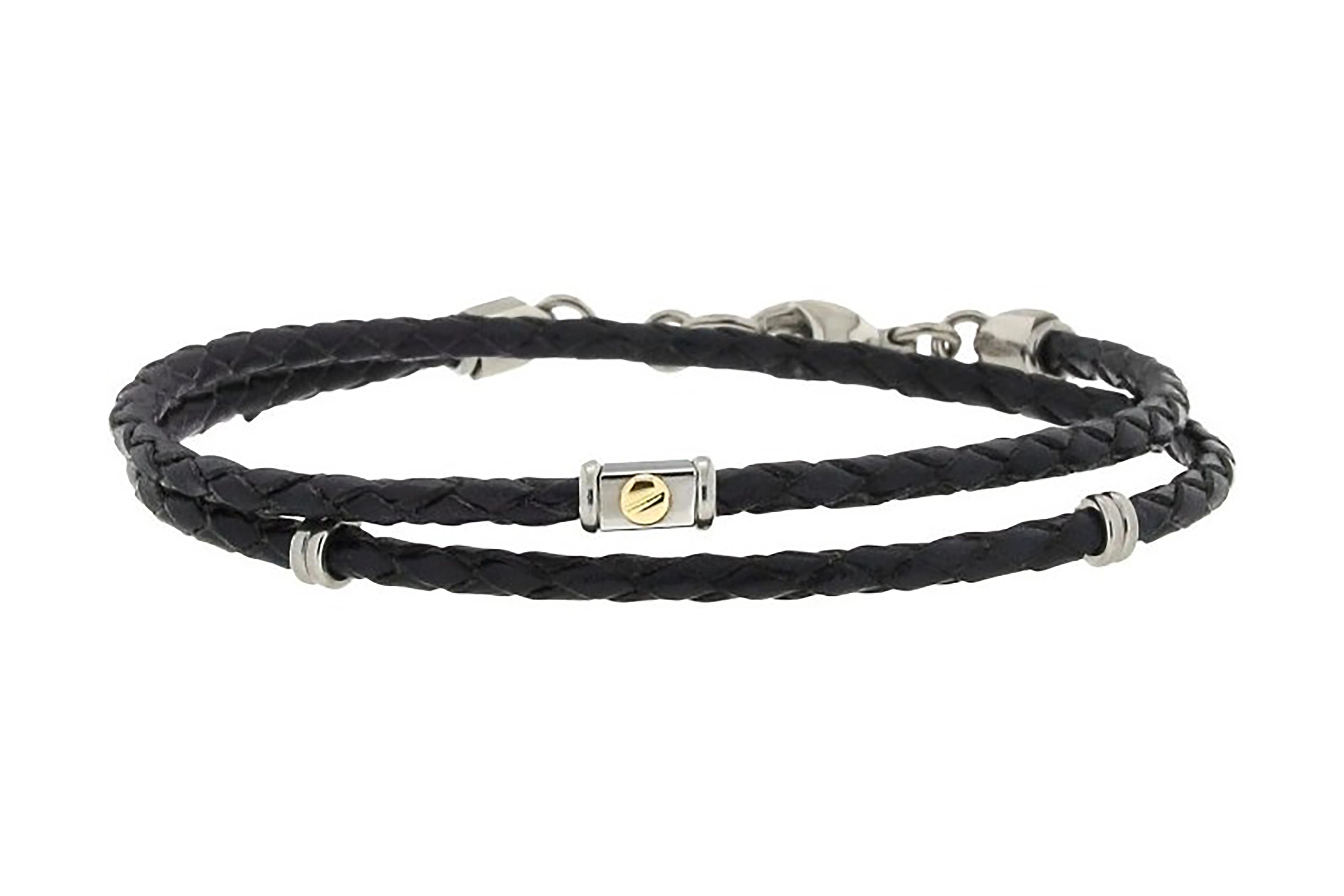 Stainless steel and black leather bracelet two turns with 18kt gold screw