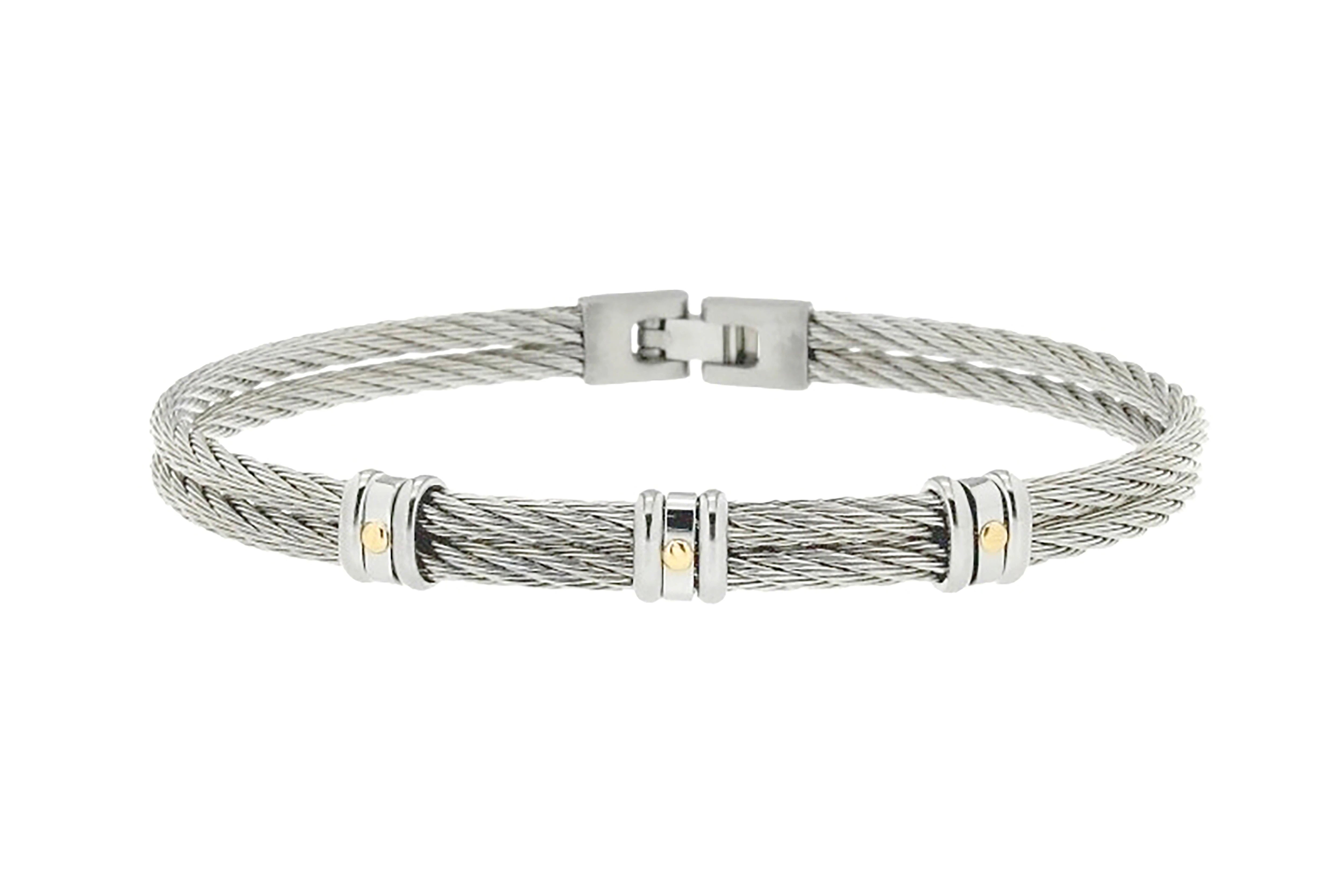 Stainless steel cable bracelet with three groups of links with 18kt gold screws