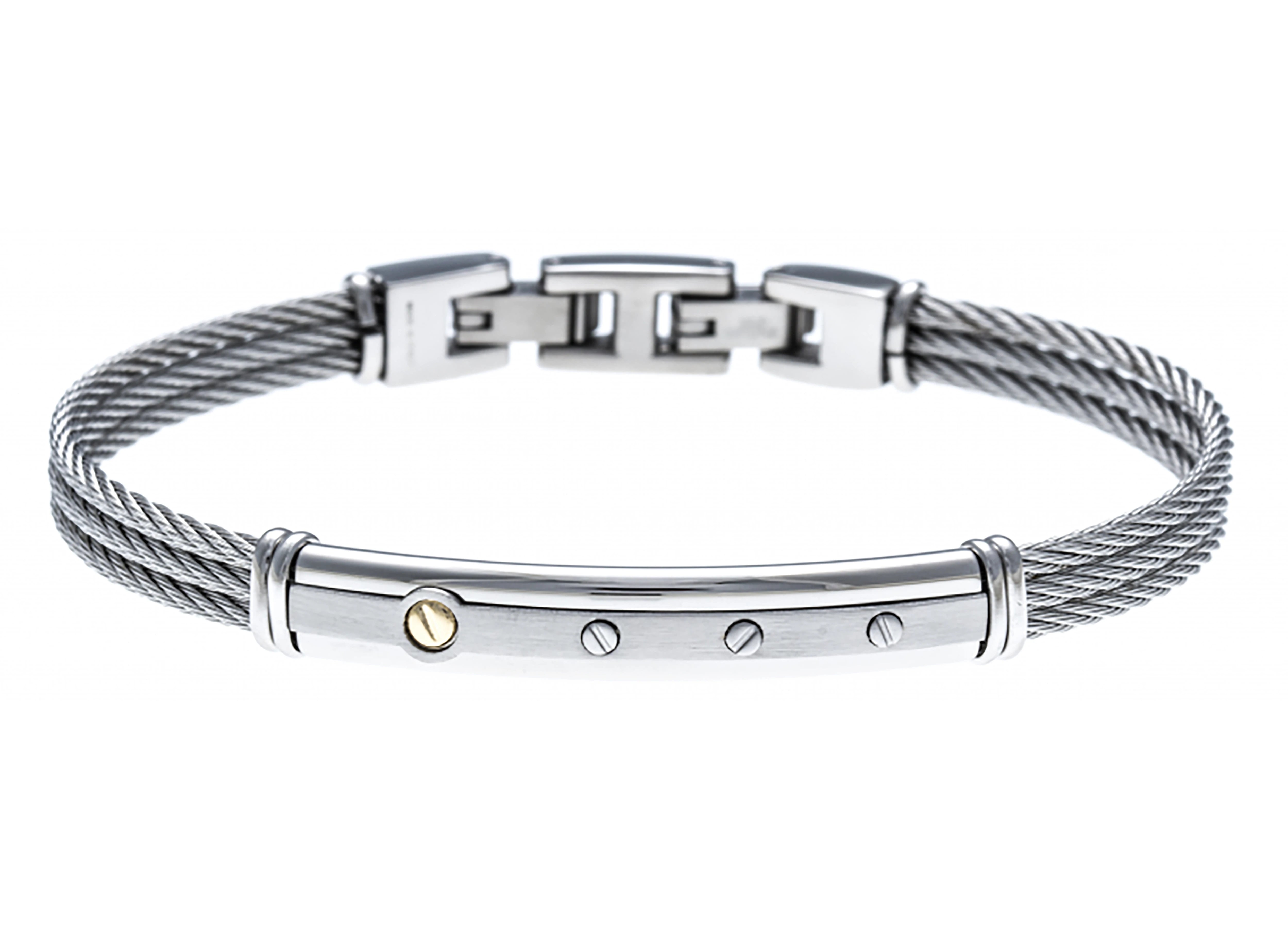 Stainless steel cable bracelet with plate and screw in 18kt gold