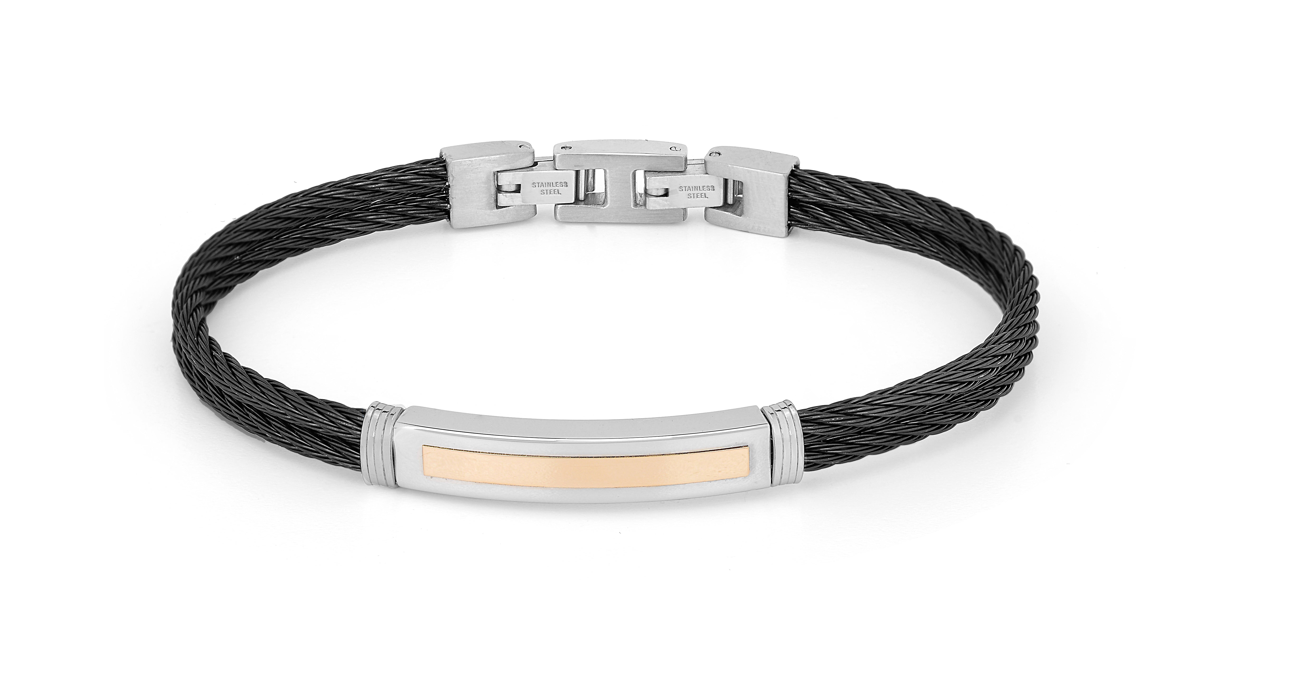 Stainless steel cable bracelet in black PVD and 18 kt rose gold plate (gr 0.20)