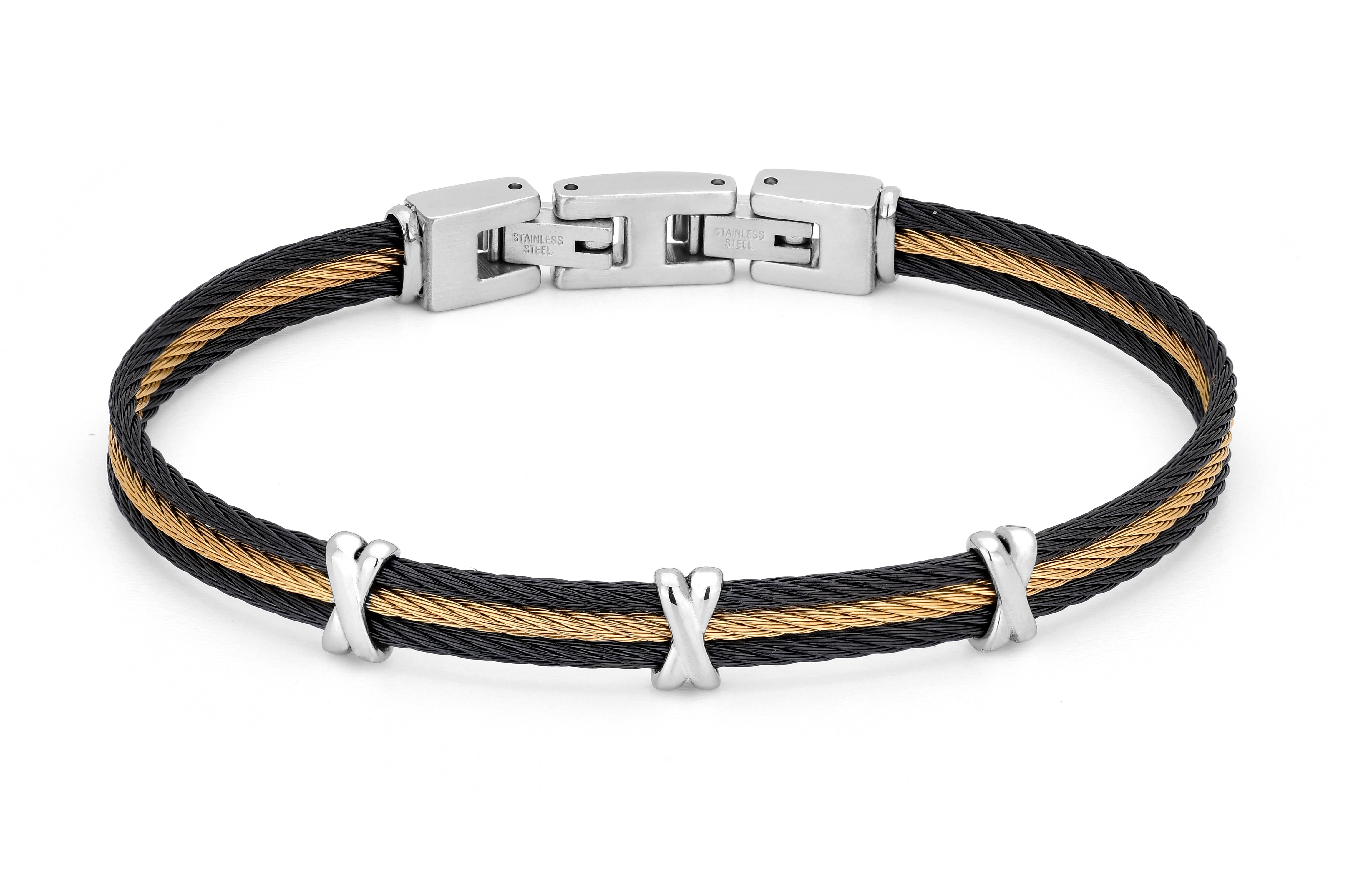 Stainless steel and gold/black PVD cable bracelet