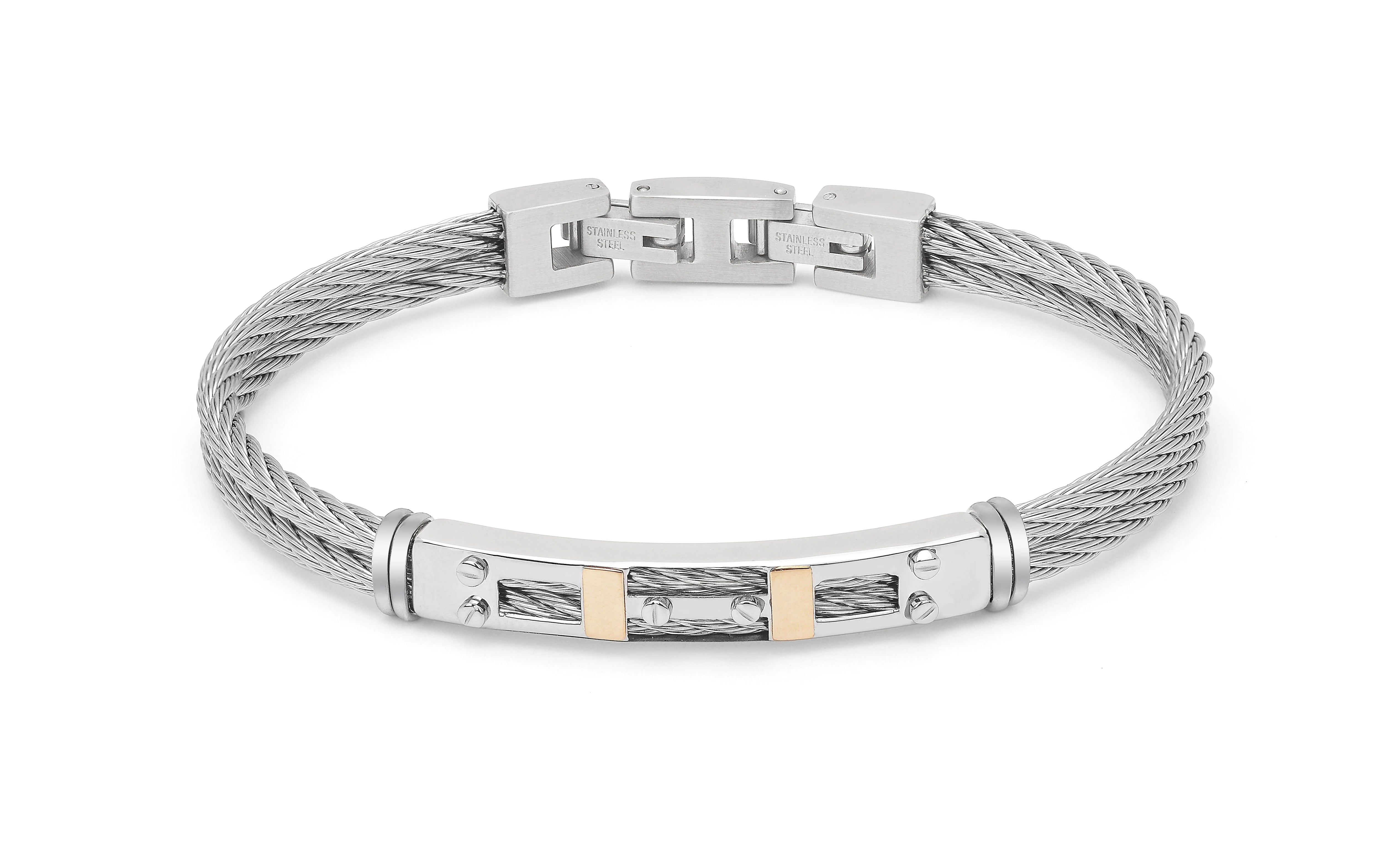 Steel cable bracelet with screws and 18 Kt gold inserts