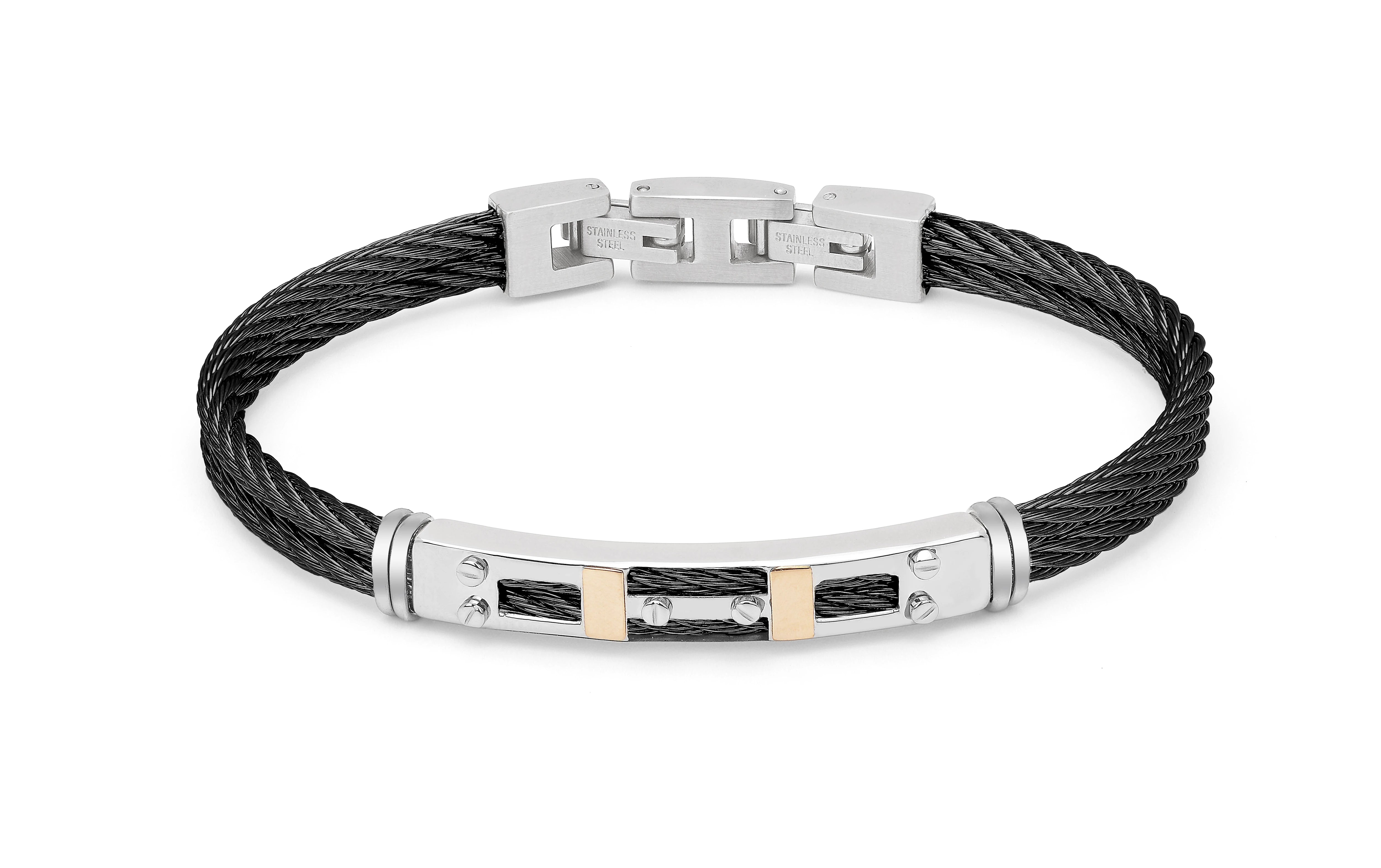 Bracelet with black PVD steel cable with screws and 18 Kt gold inserts