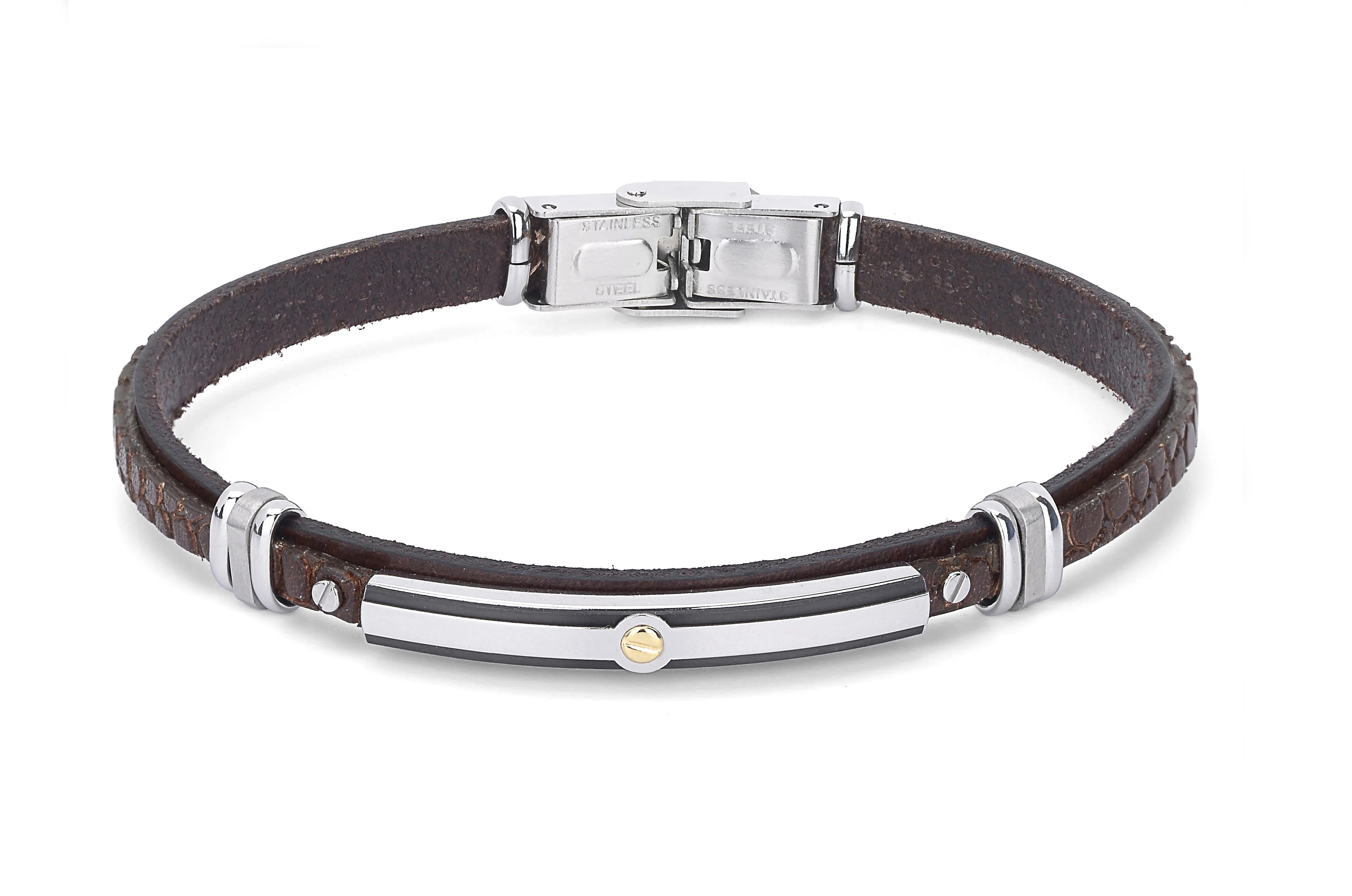 Stainless steel and leather bracelet with brown Texture and gold screw