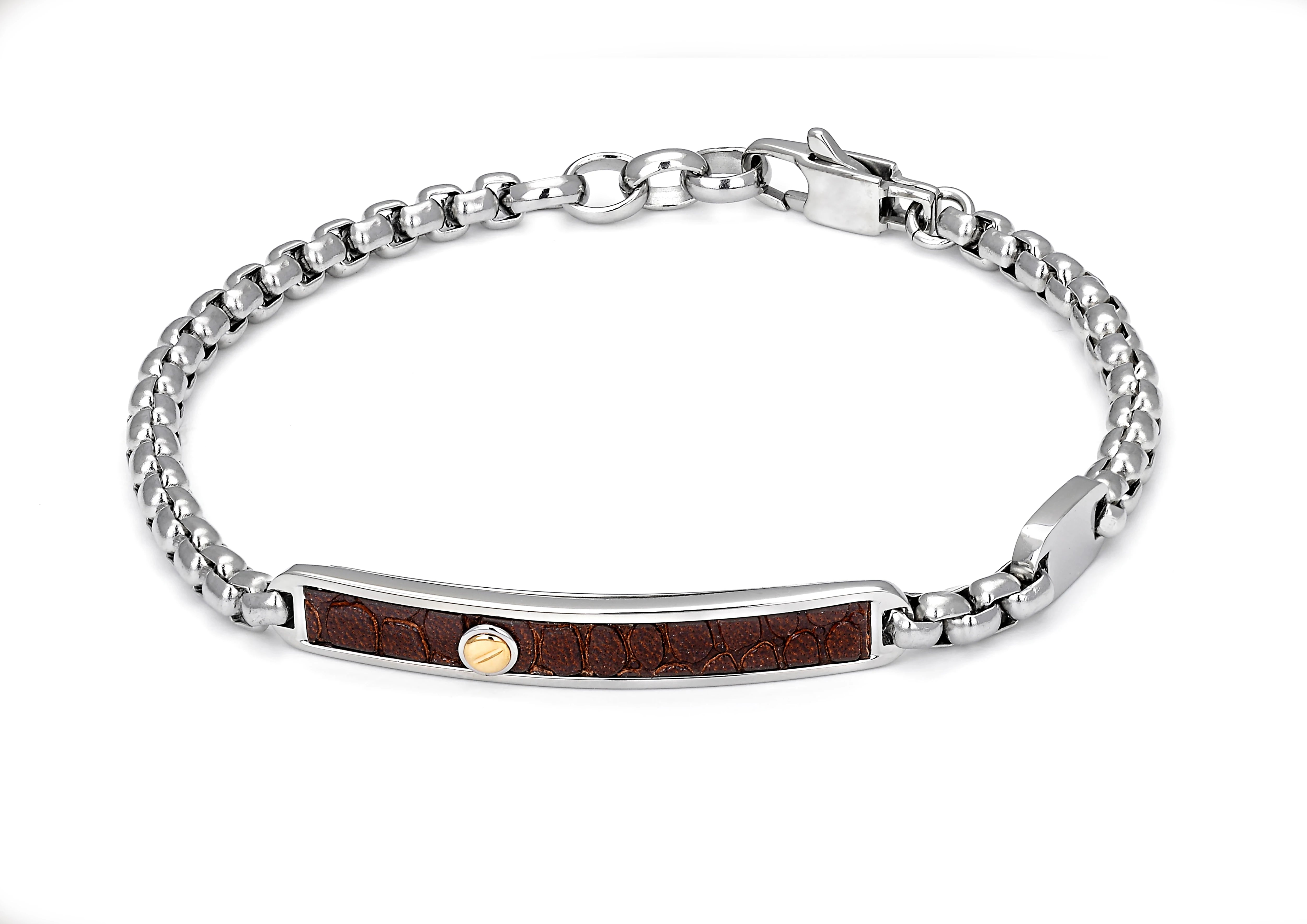 Bracelet with stainless steel chain and leather with brown Texture and gold screw