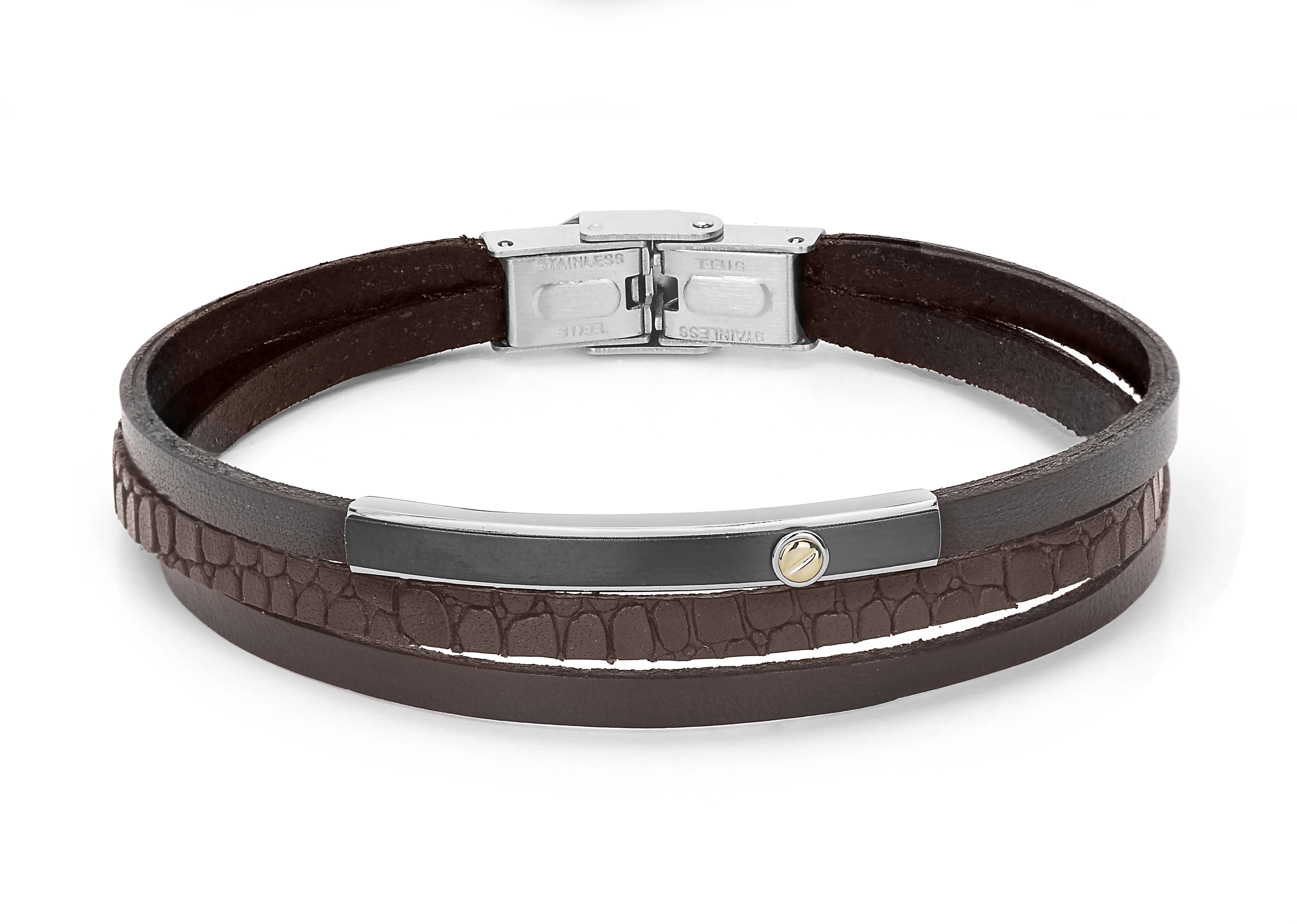 Stainless steel and leather bracelet with brown texture and gold screw