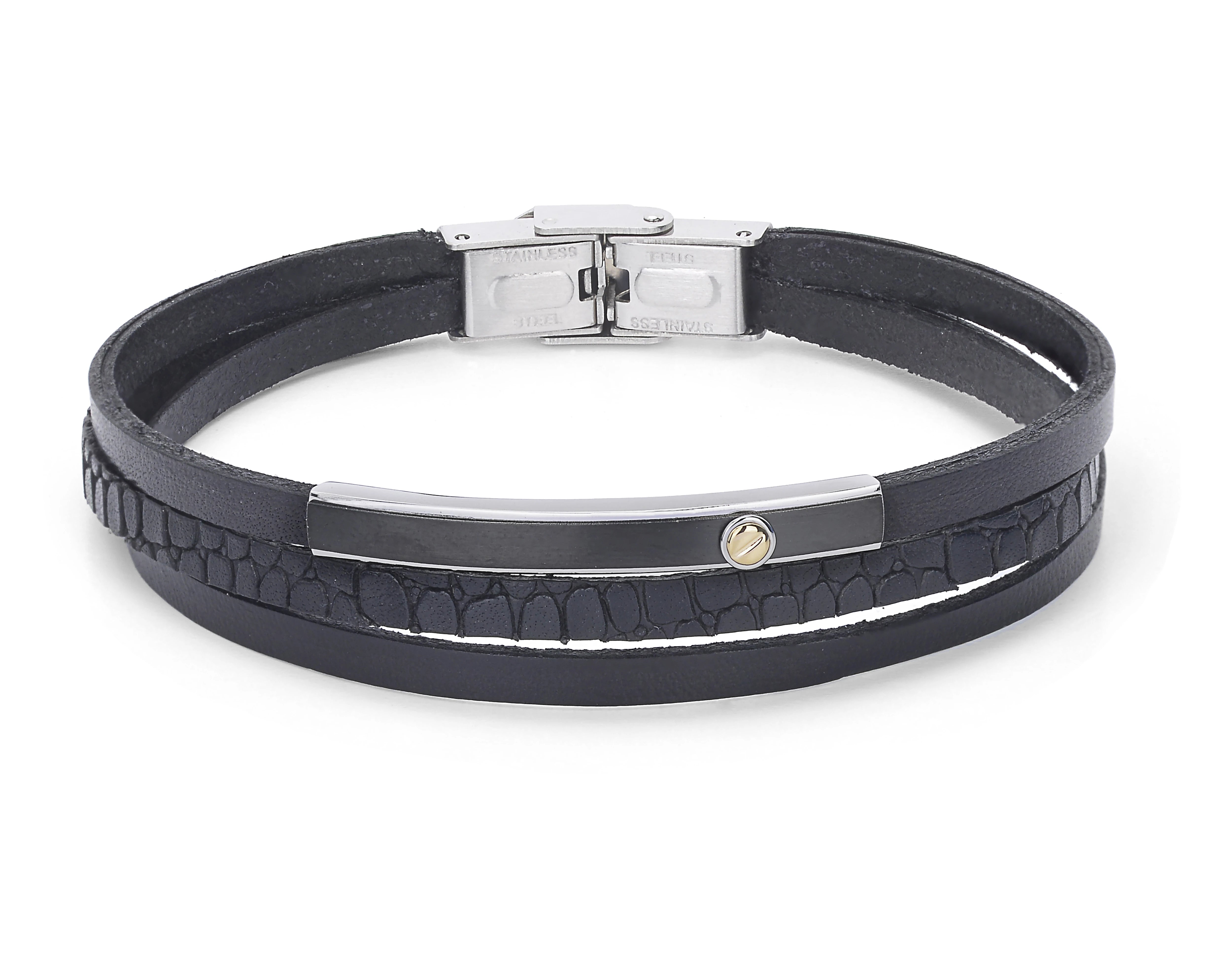 Stainless steel and leather bracelet with black Texture and gold screw