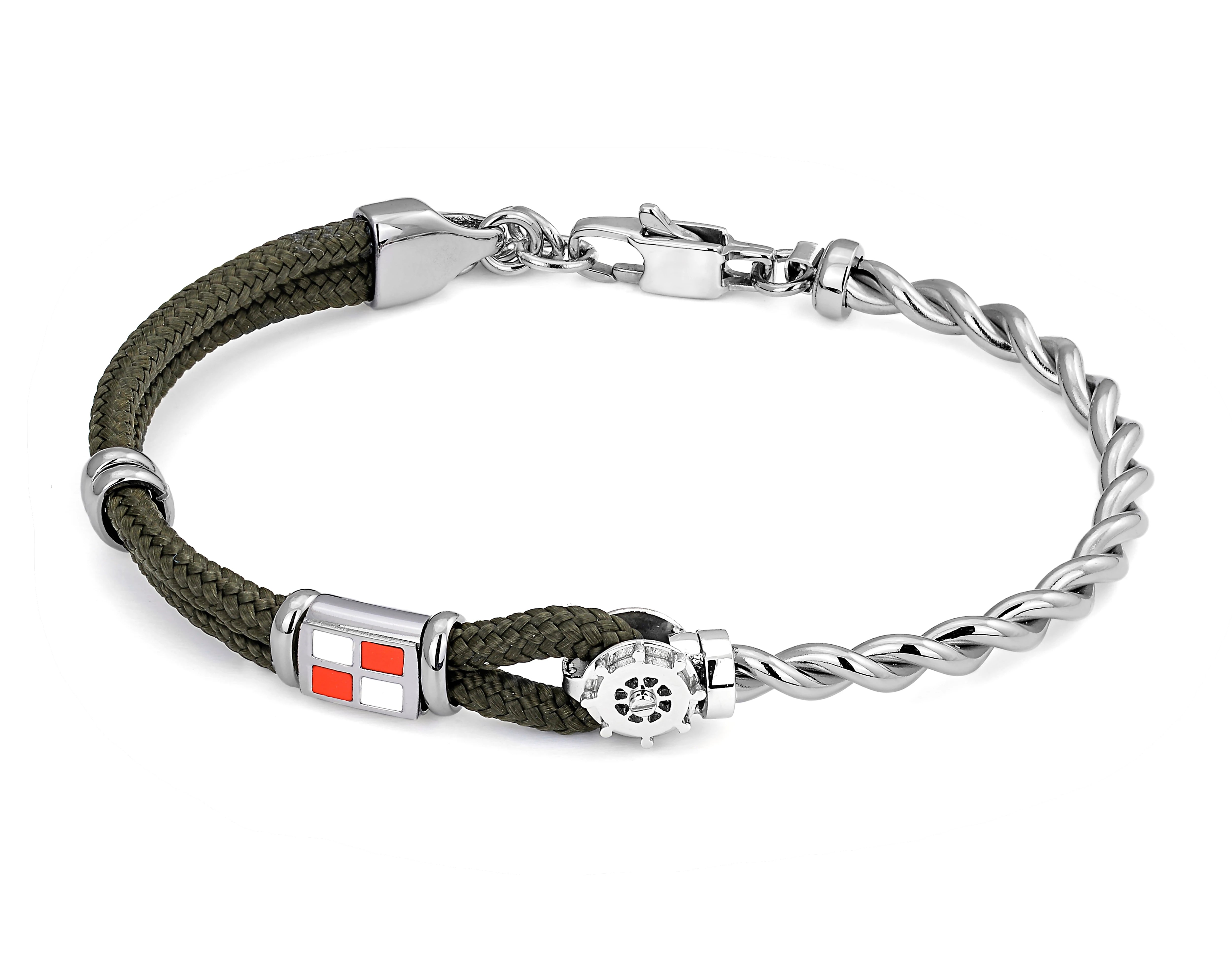 Stainless steel bracelet with military green nautical rope, rudder and enameled flag