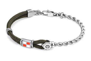 Stainless steel bracelet with military green nautical rope, rudder and enameled flag