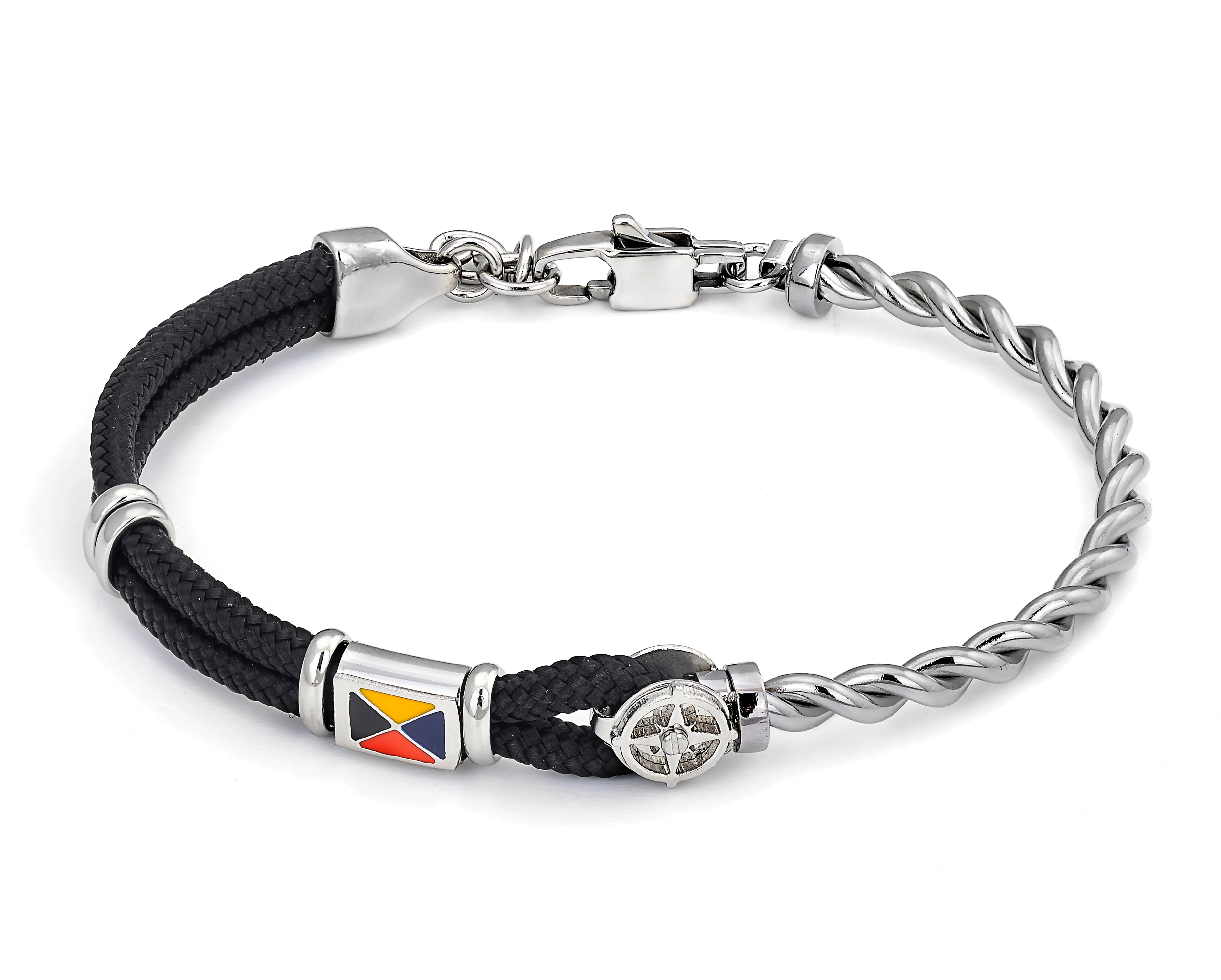 Stainless steel bracelet with black nautical rope, wind rose and enameled flag