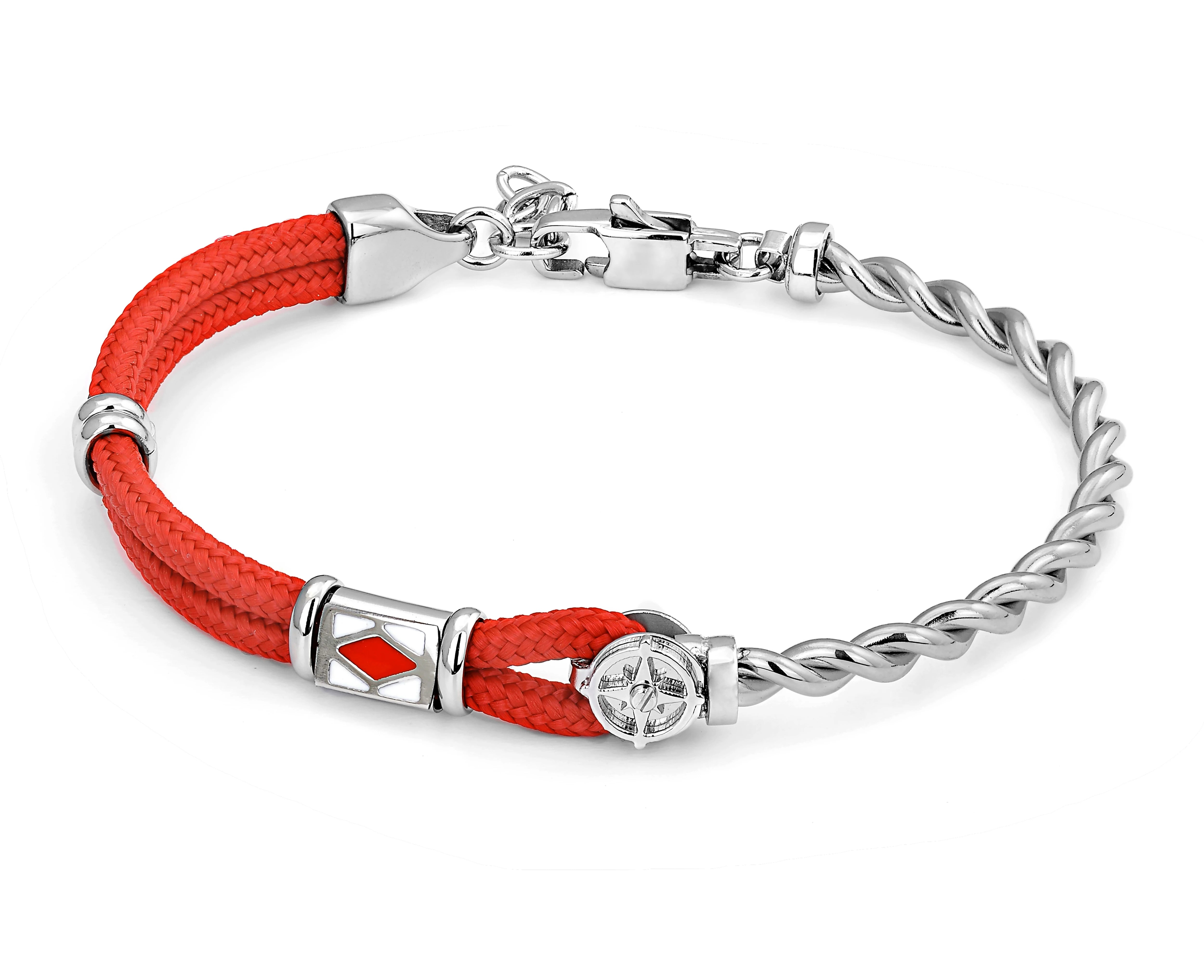 Stainless steel bracelet with red nautical rope, wind rose and enameled flag