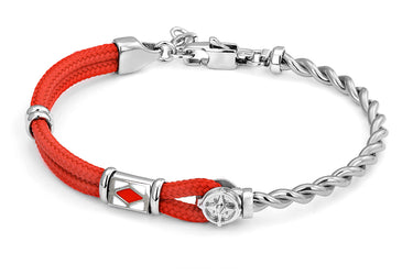 Stainless steel bracelet with red nautical rope, wind rose and enameled flag