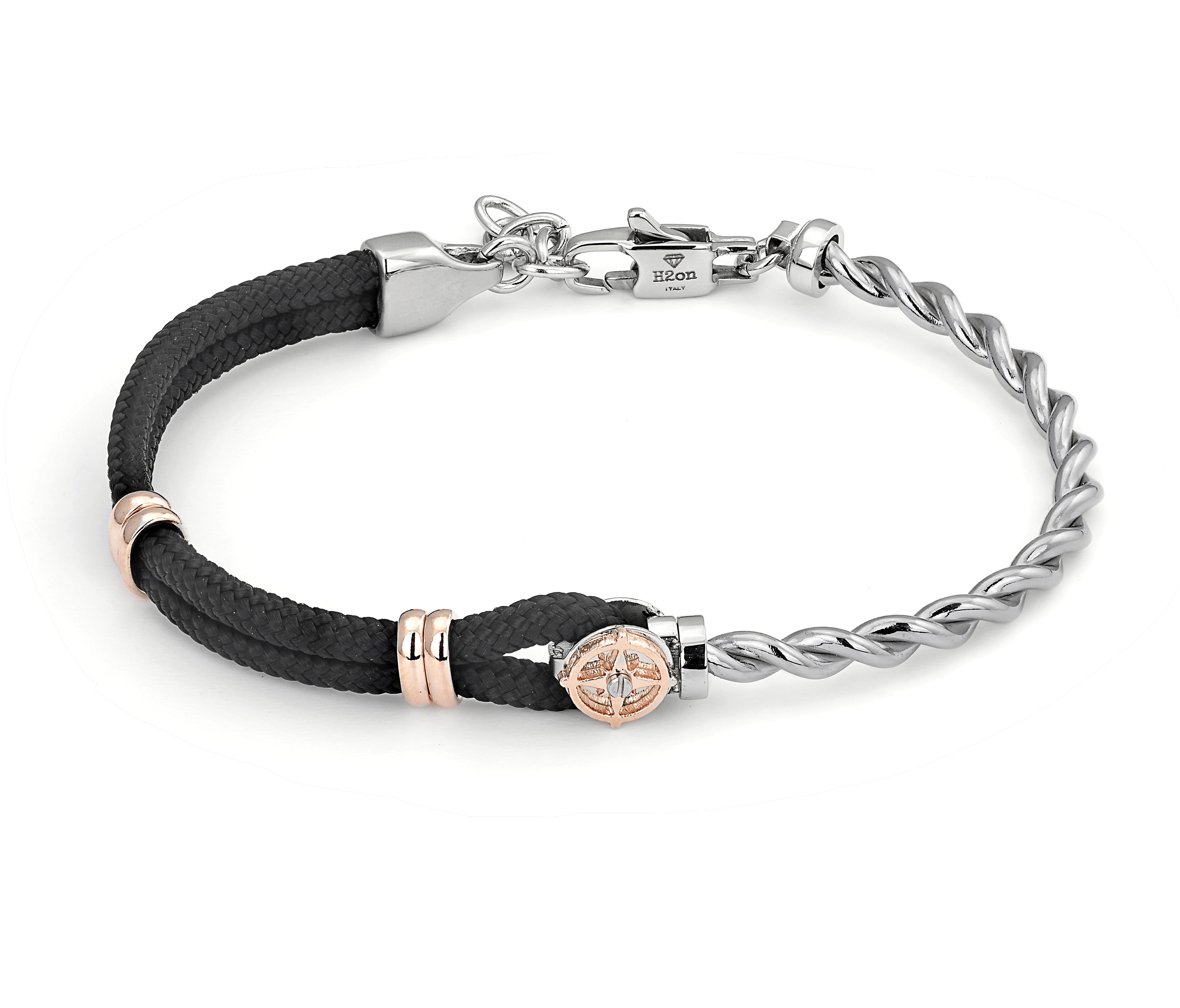 Stainless steel bracelet with black nautical rope and rosé wind rose