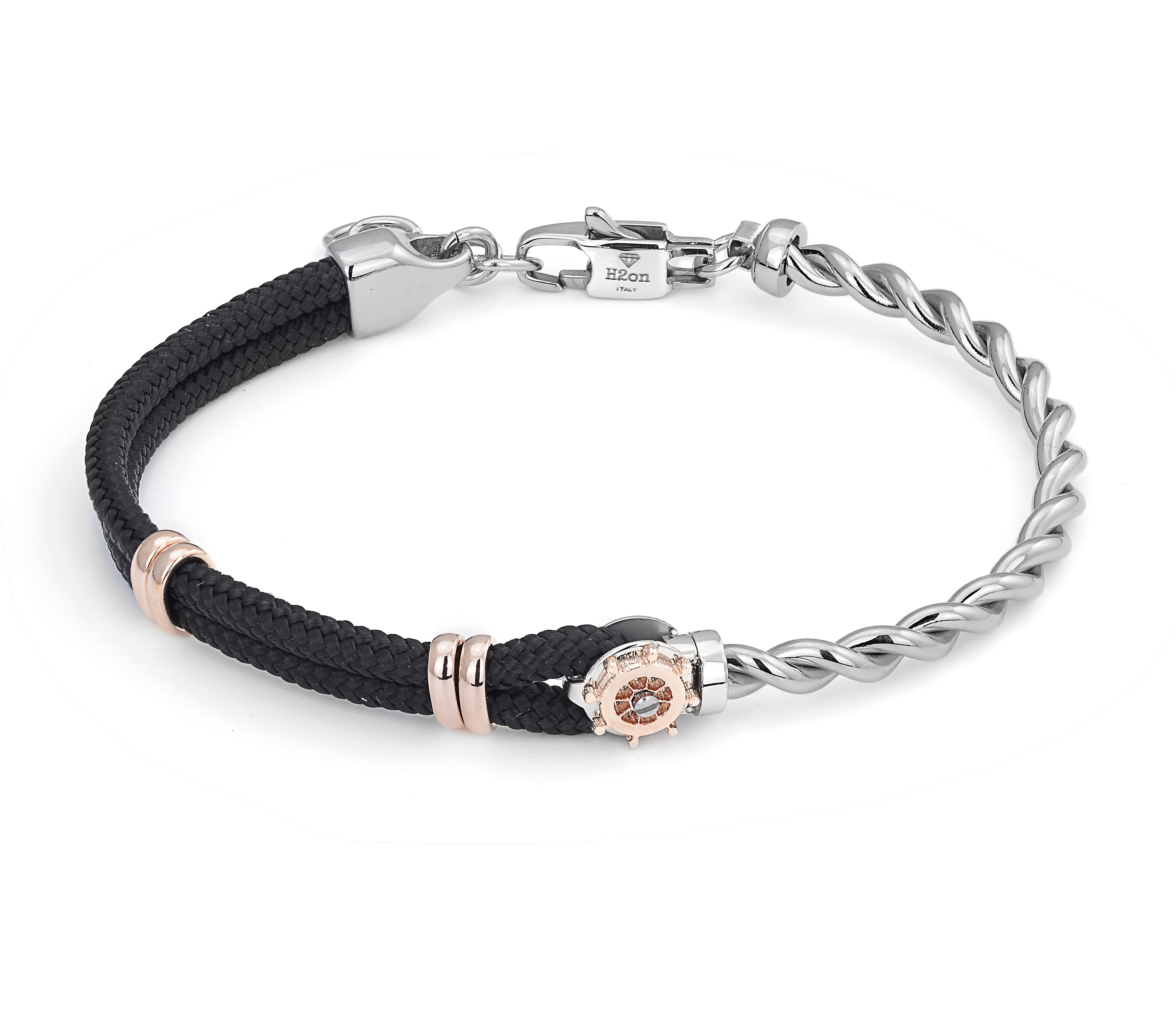 Stainless steel bracelet with black nautical rope and rosé rudder