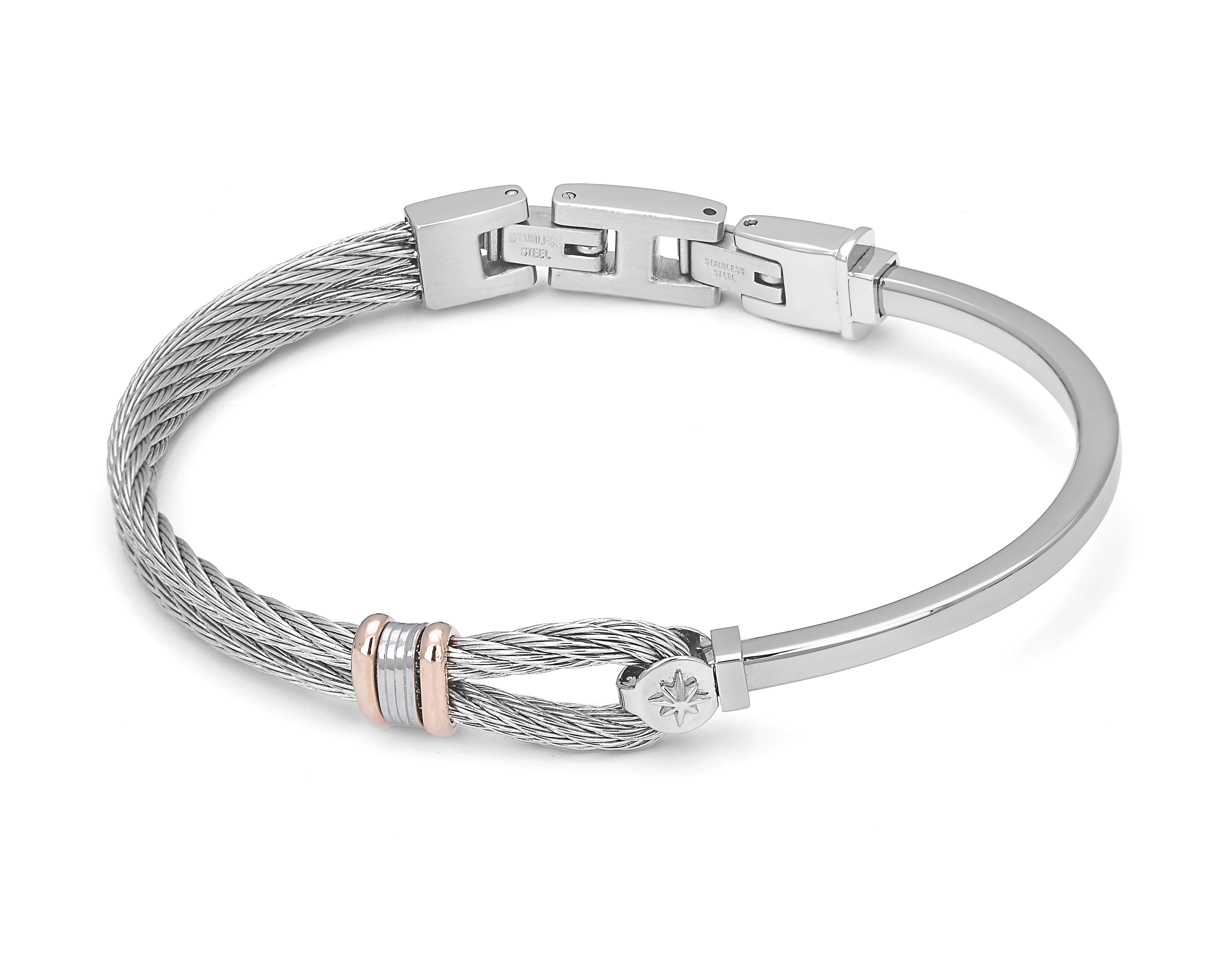 Stainless steel bracelet and cable with rosé and wind rose links