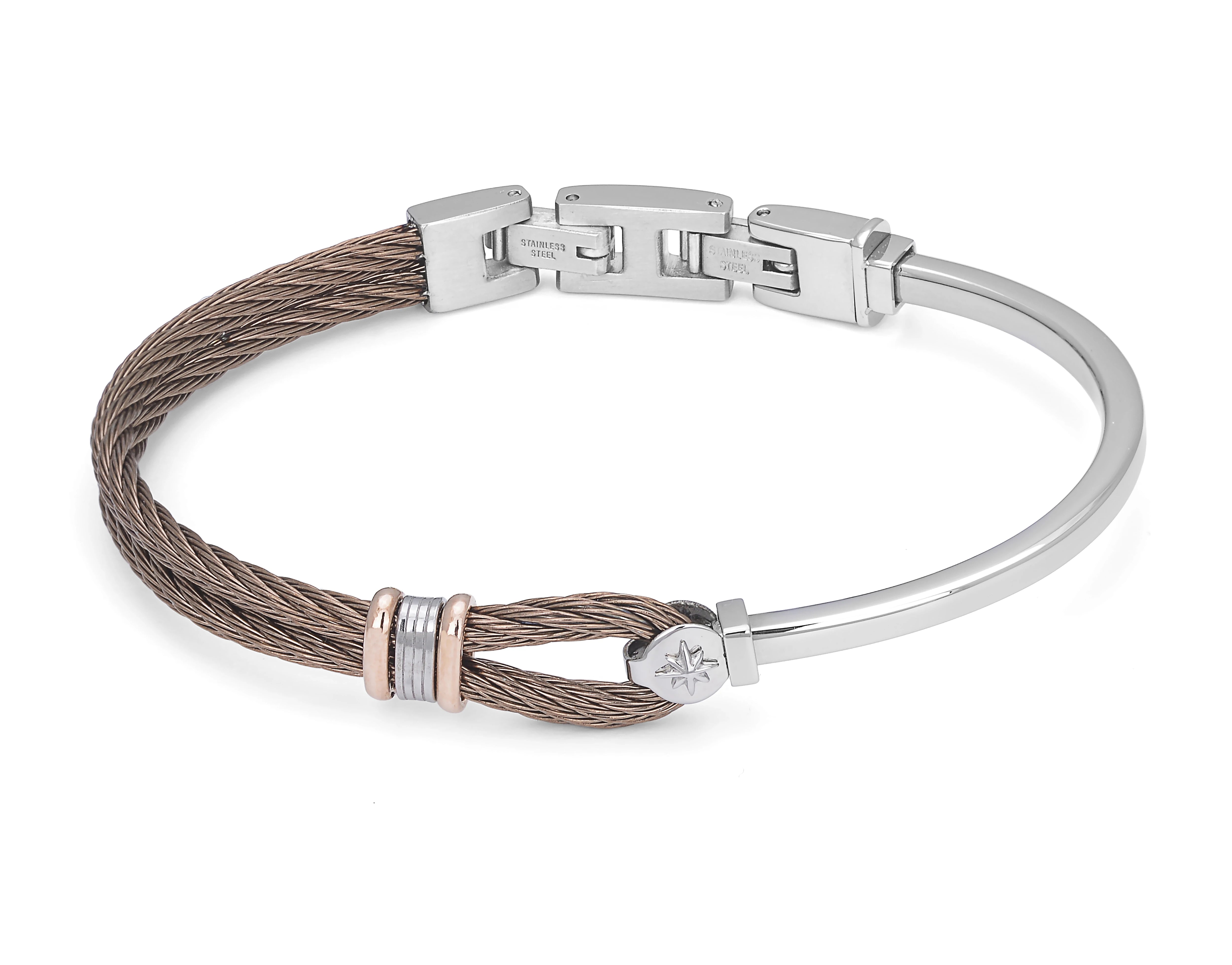 Stainless steel bracelet and brown PVD cable with rosé and wind rose links