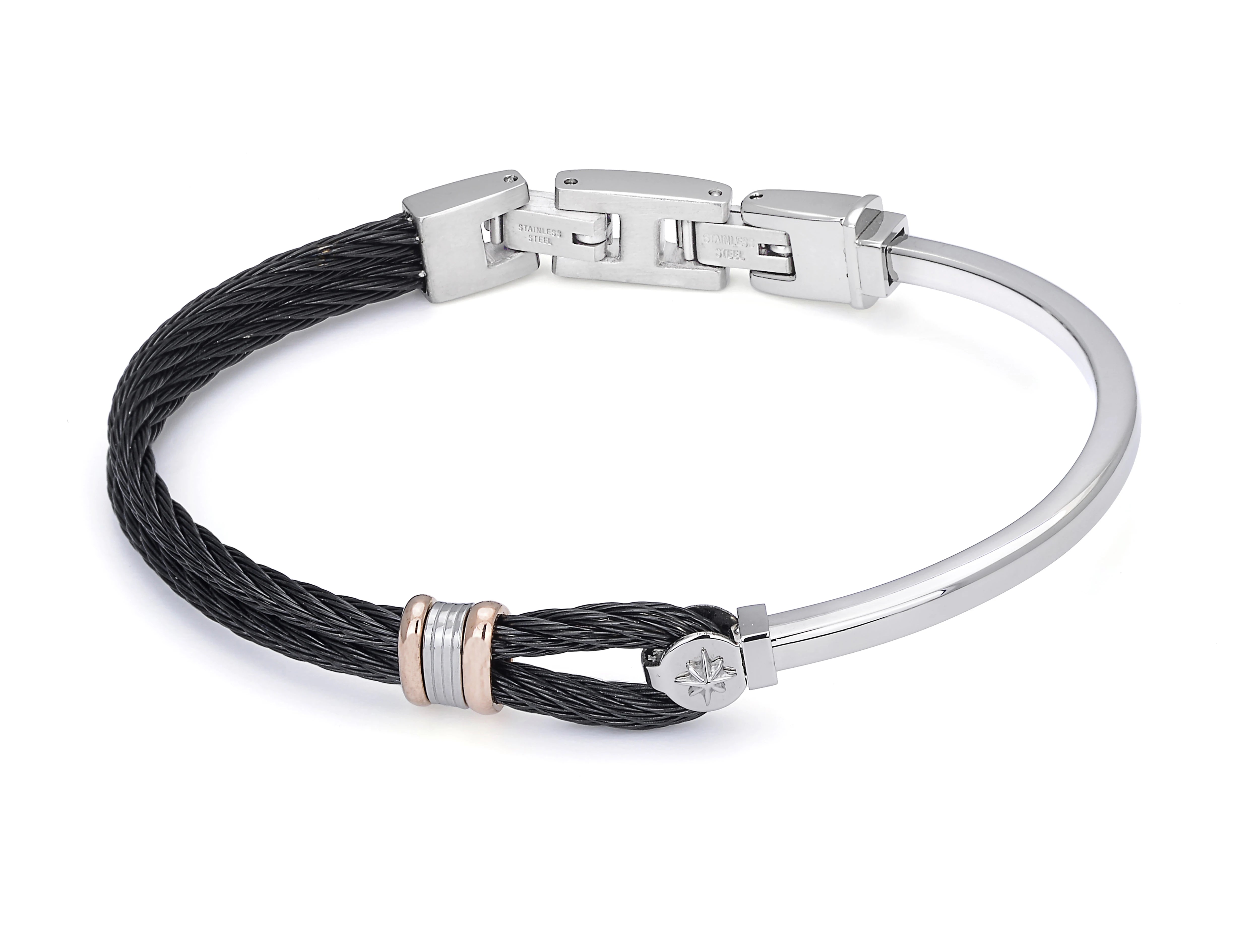 Stainless steel bracelet and black PVD cable with rosé and wind rose links