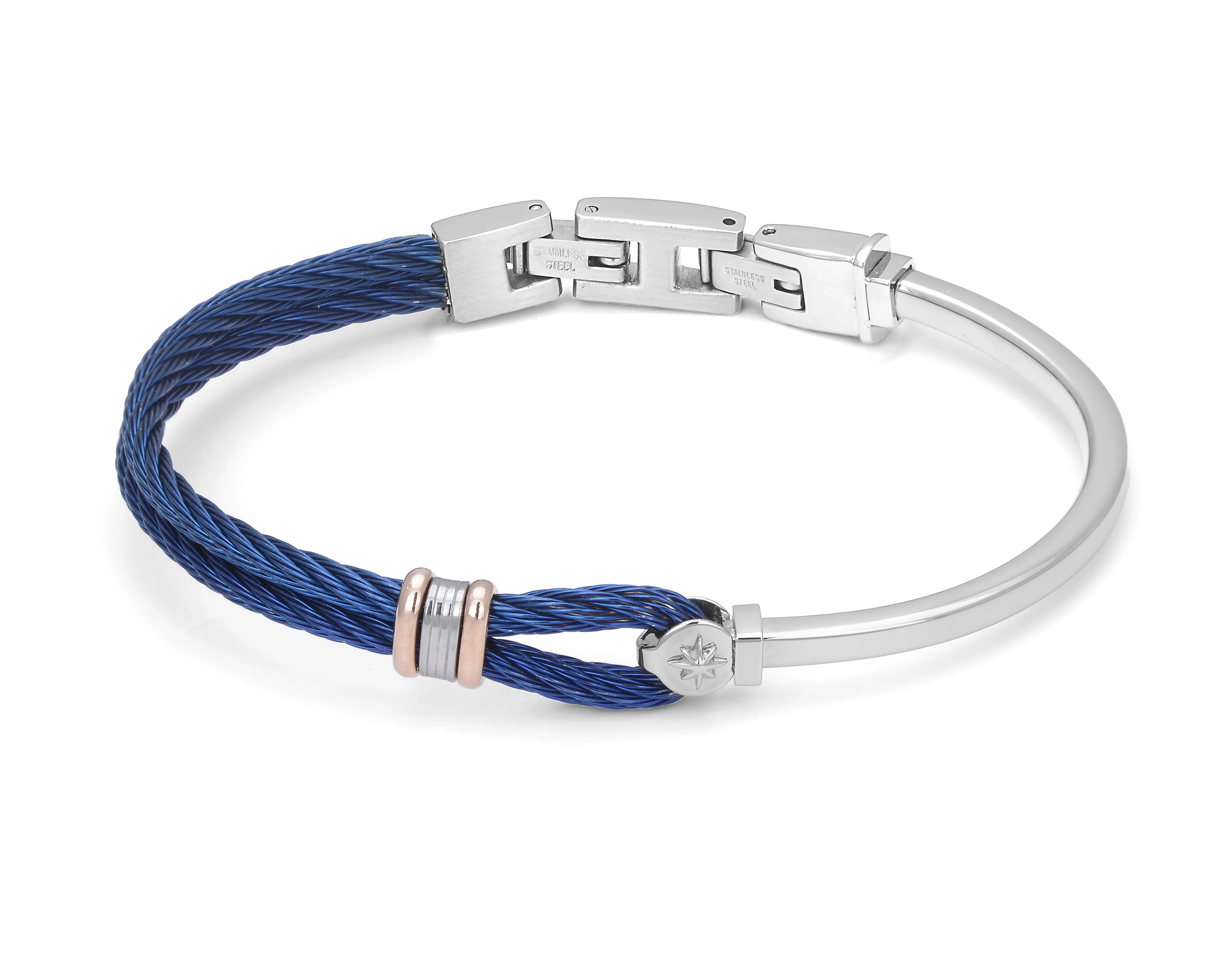 Stainless steel bracelet and blue PVD cable with rosé and wind rose links