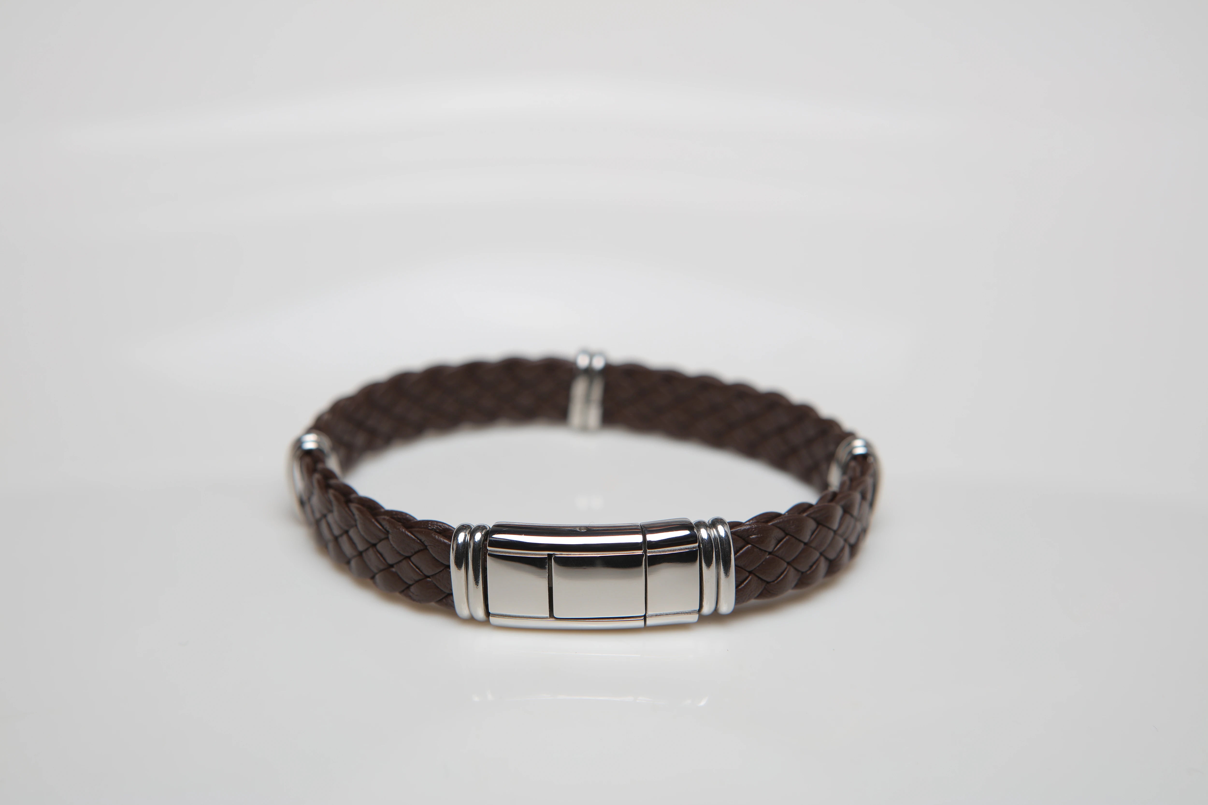 Brown braided leather bracelet with semi-finished products and stainless steel clasps