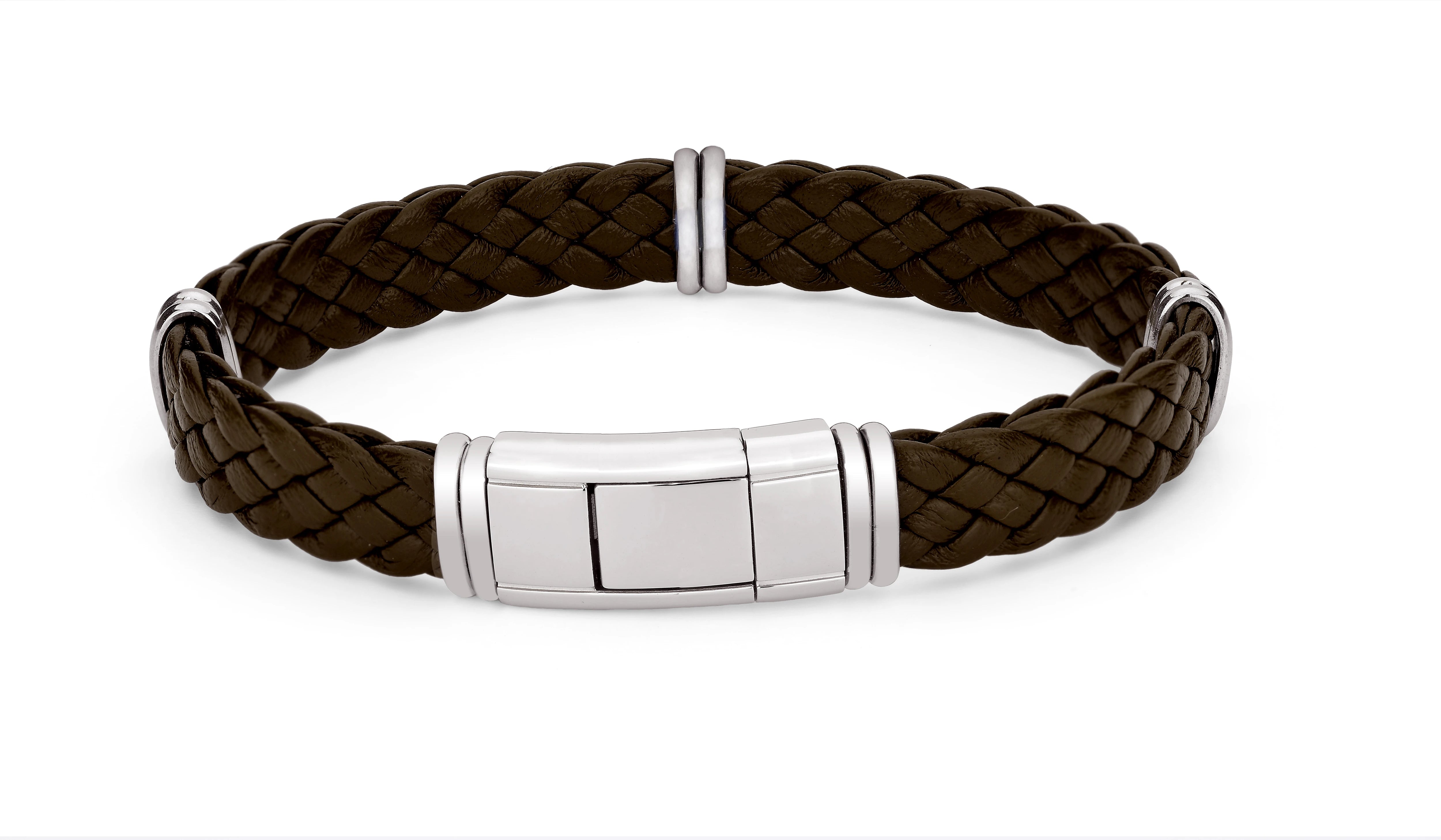 Brown braided leather bracelet with semi-finished products and stainless steel clasps