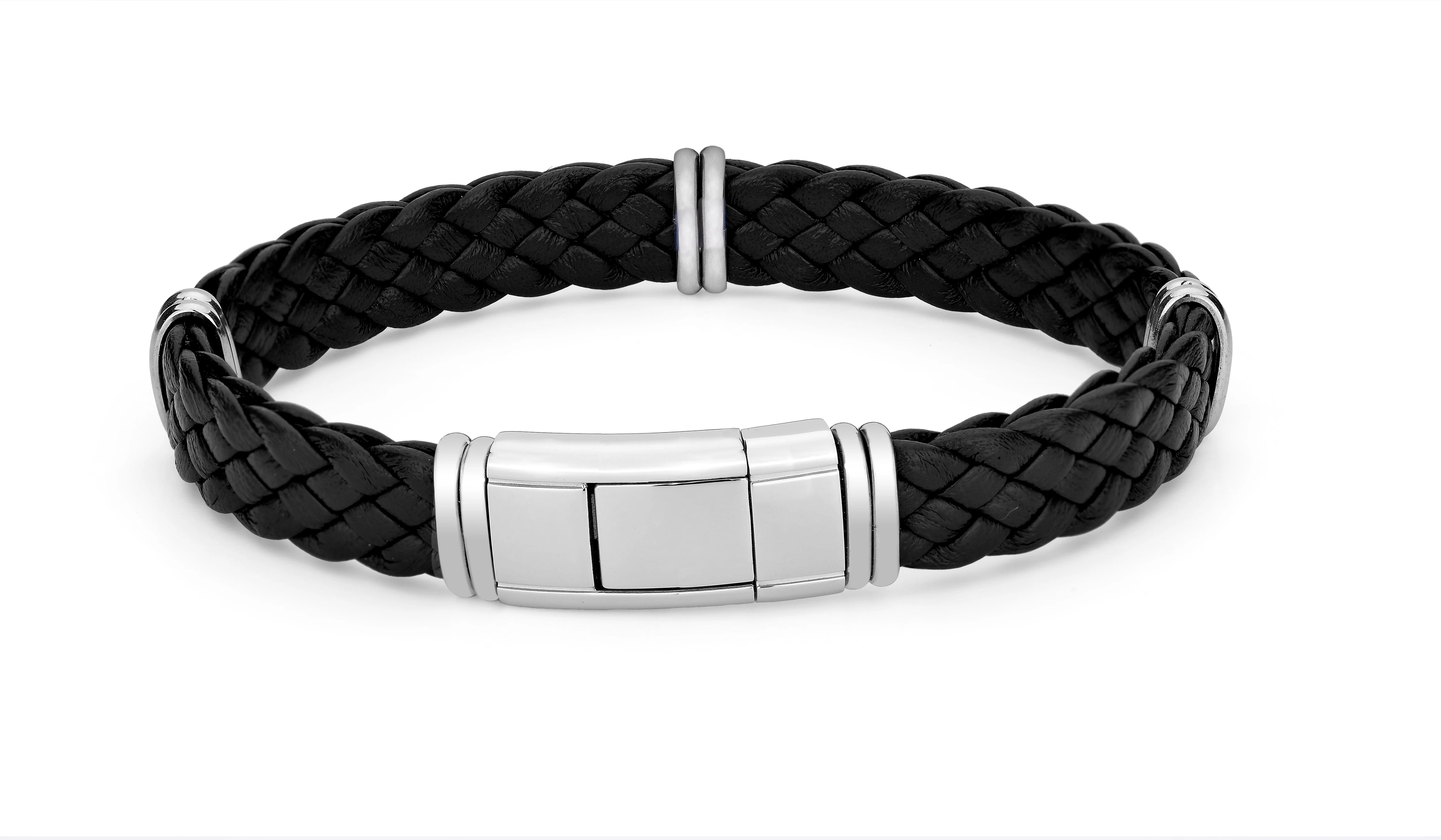 Black braided leather bracelet with semi-finished products and stainless steel clasps