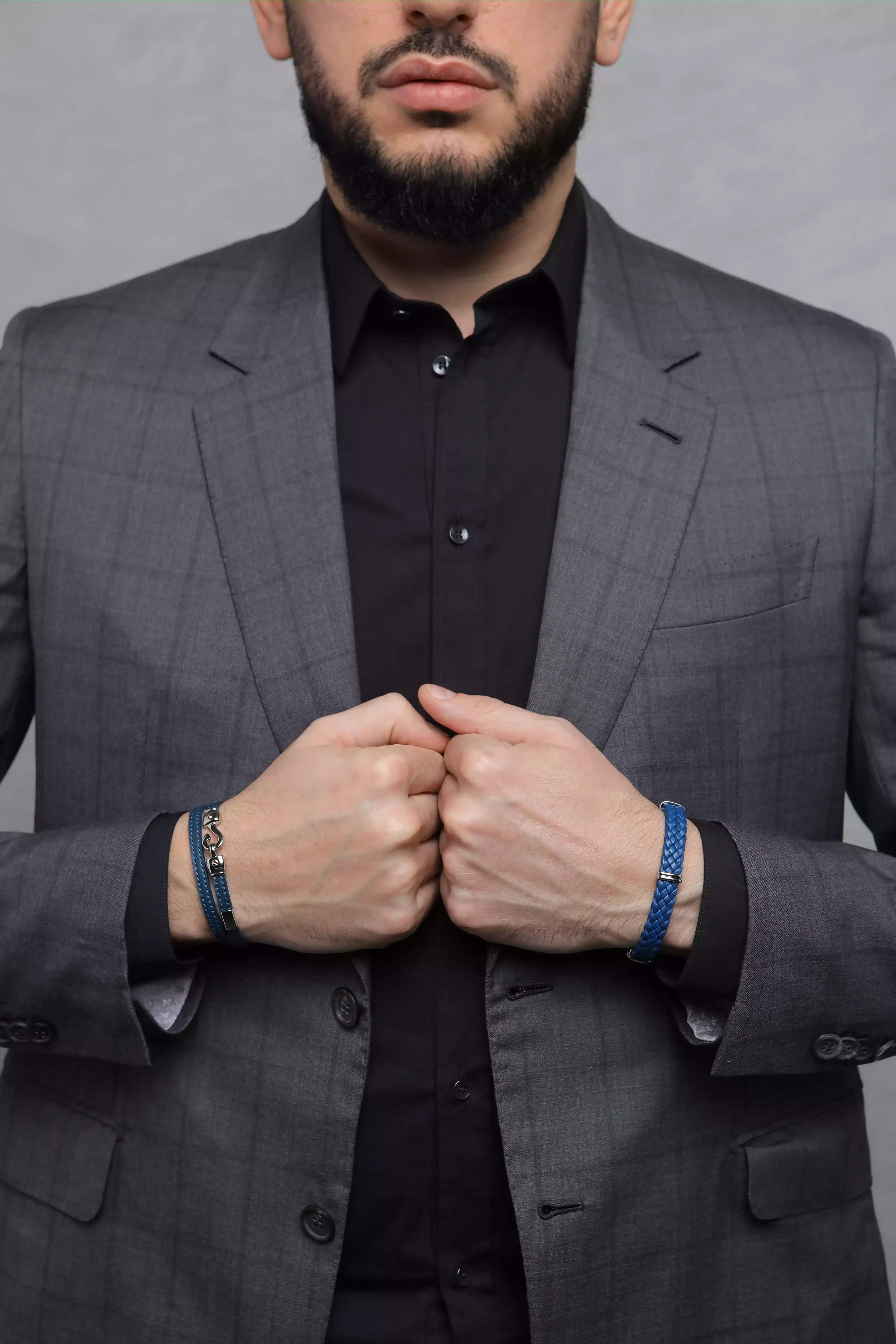 Blue braided leather bracelet with semi-finished products and stainless steel clasps