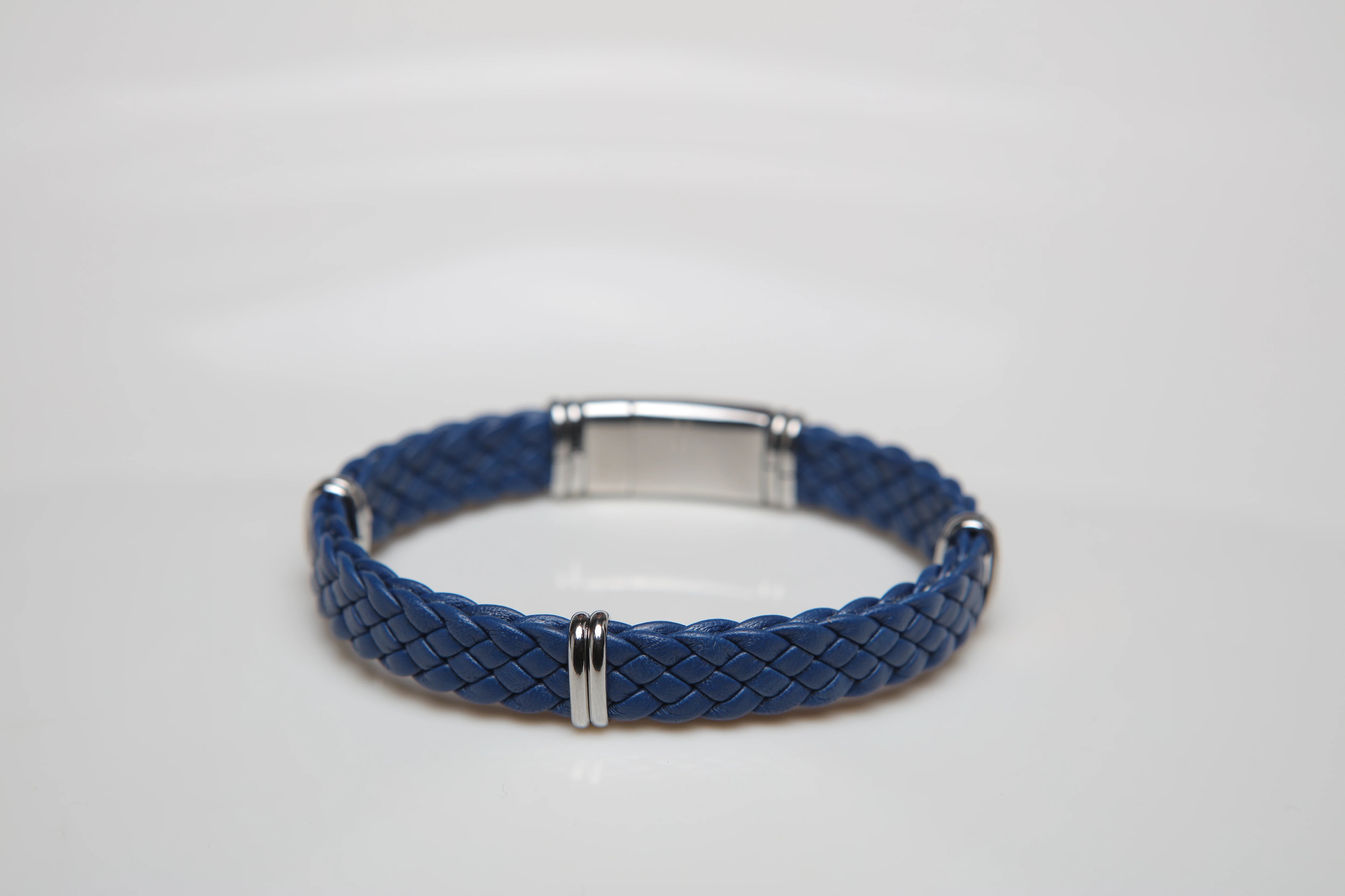 Blue braided leather bracelet with semi-finished products and stainless steel clasps