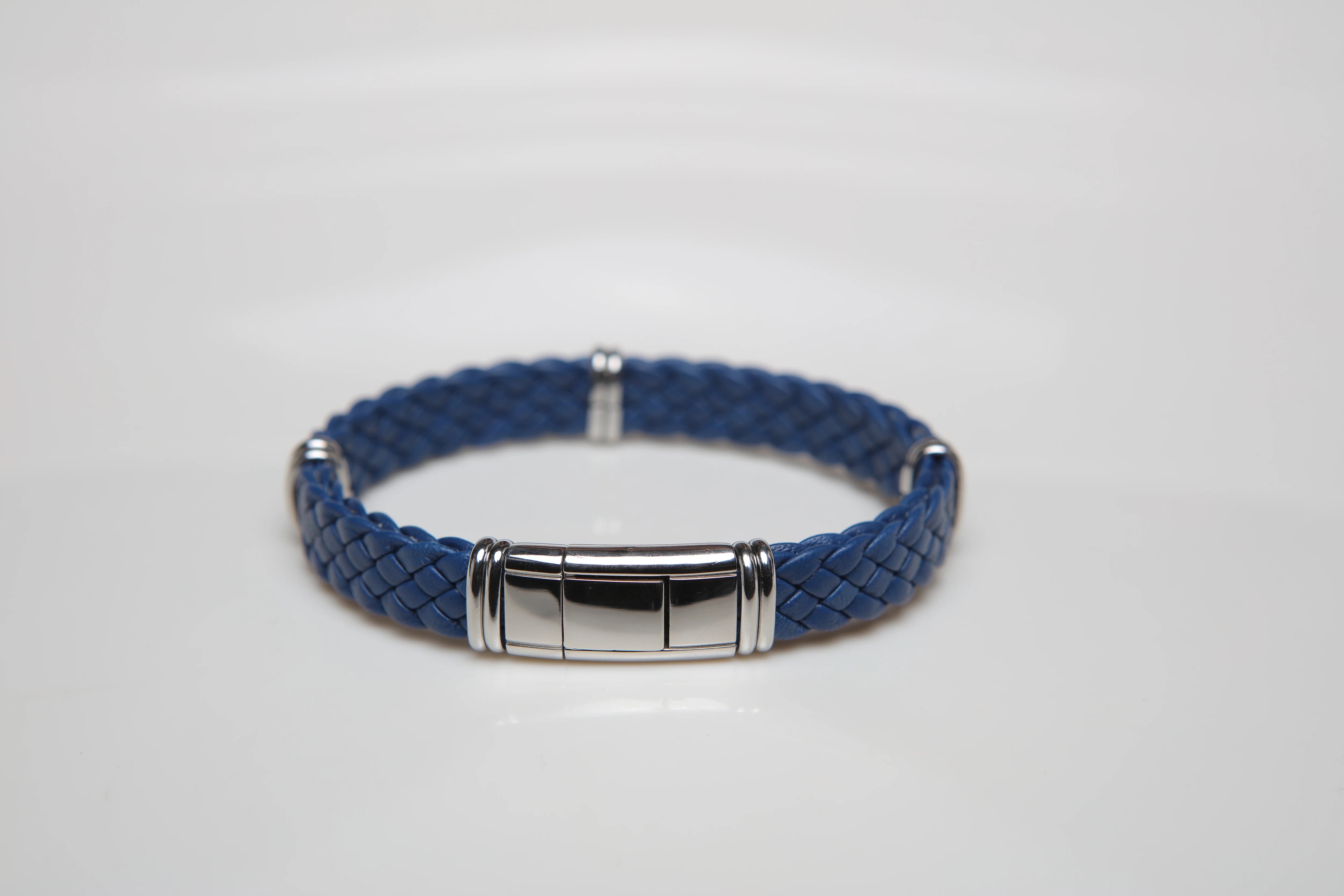 Blue braided leather bracelet with semi-finished products and stainless steel clasps