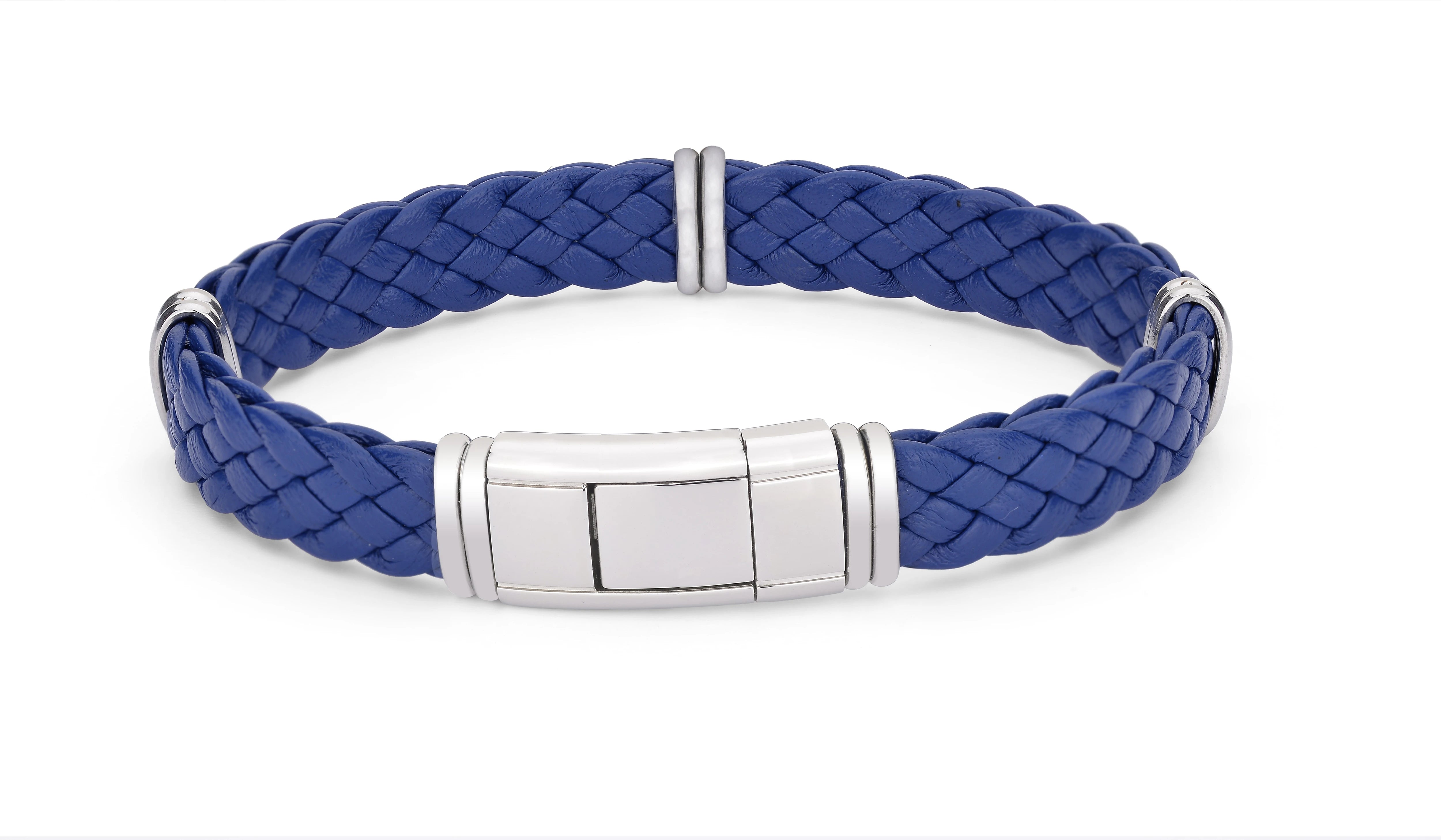 Blue braided leather bracelet with semi-finished products and stainless steel clasps