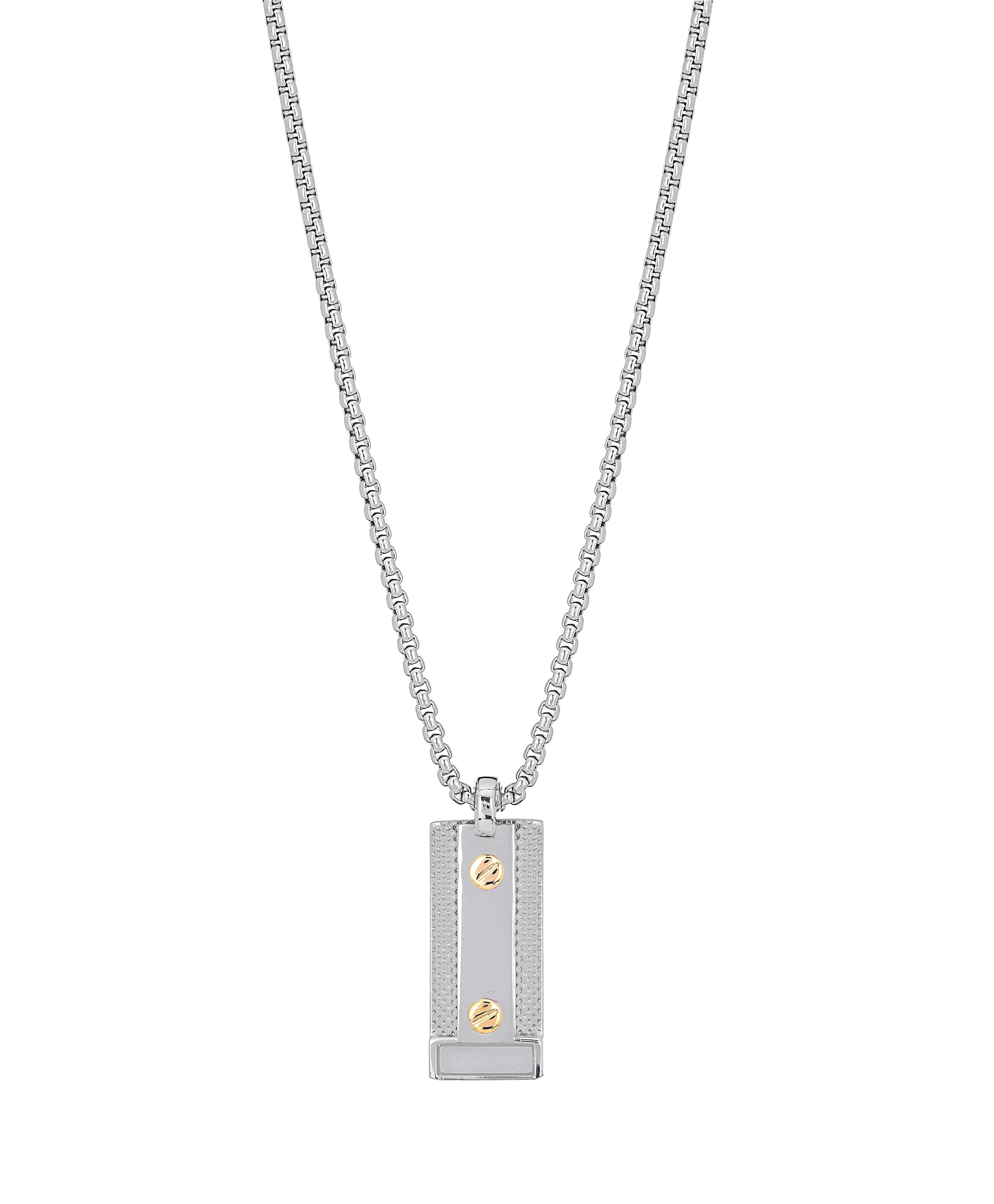 Necklace with steel pendant, semi-knurled plate and 2 screws in 18 kt gold