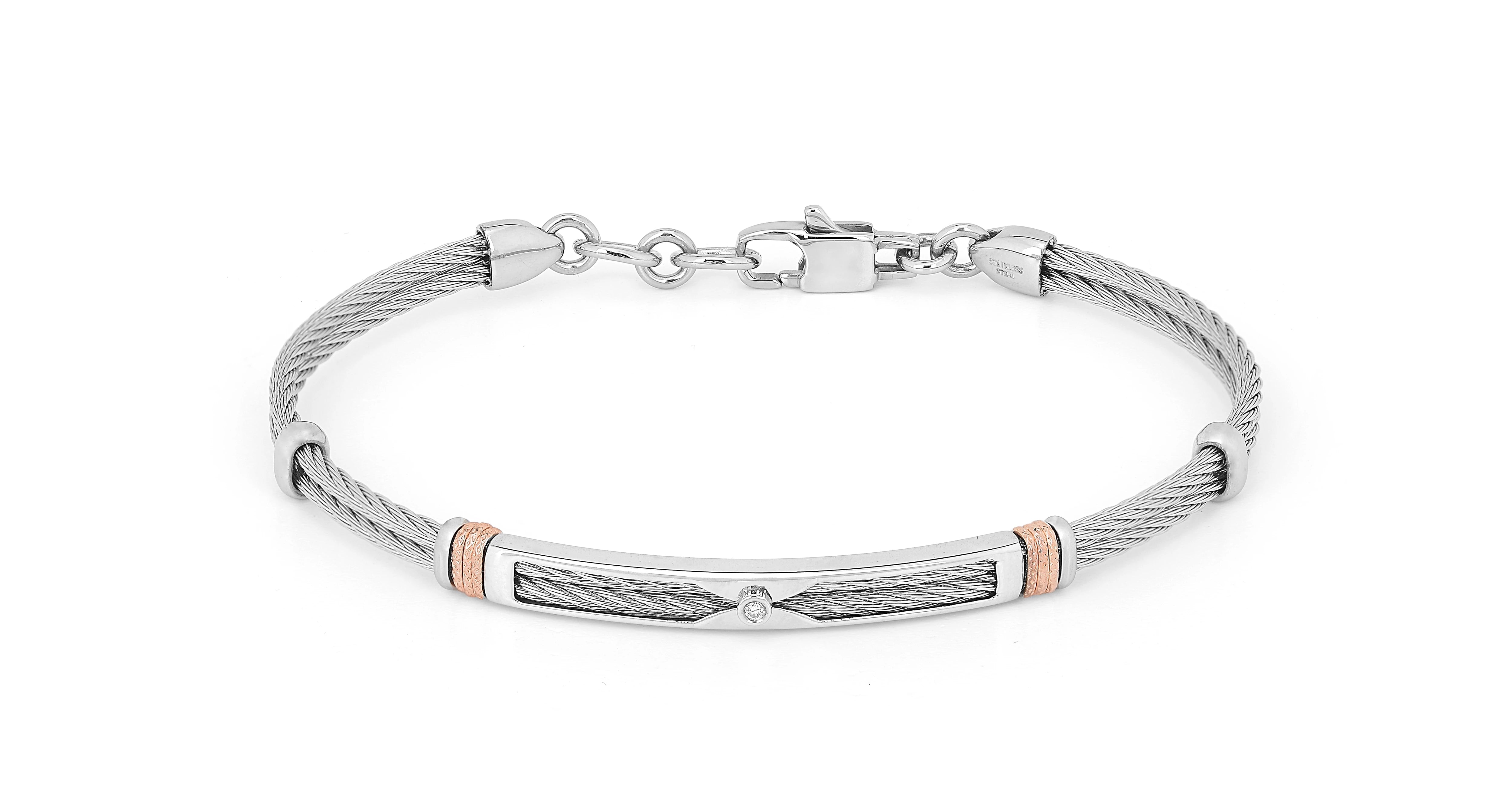 Steel cable bracelet with knurled rosé links and Natural Diamond