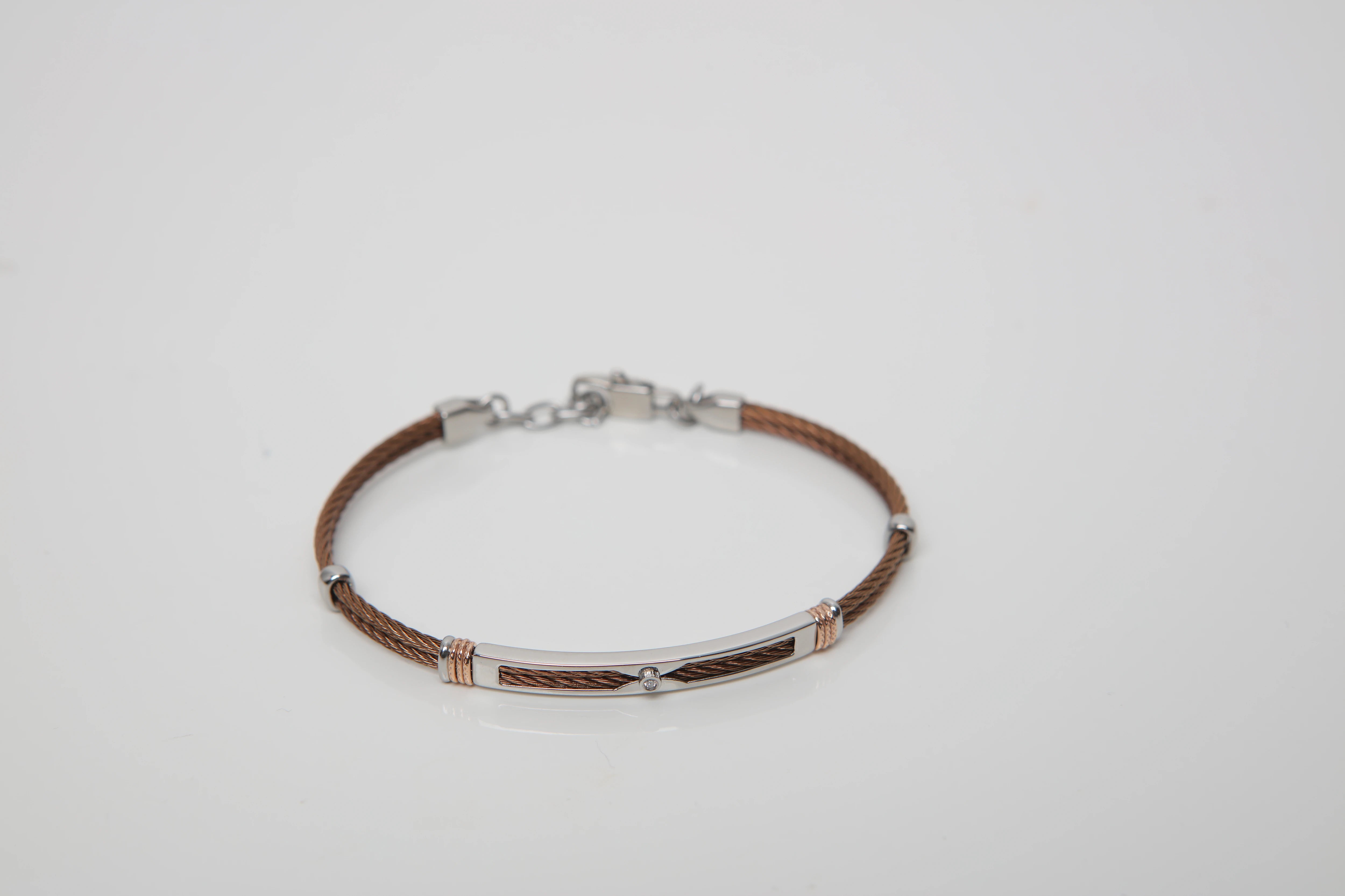 Brown PVD steel cable bracelet with knurled rosé links and Natural Diamond