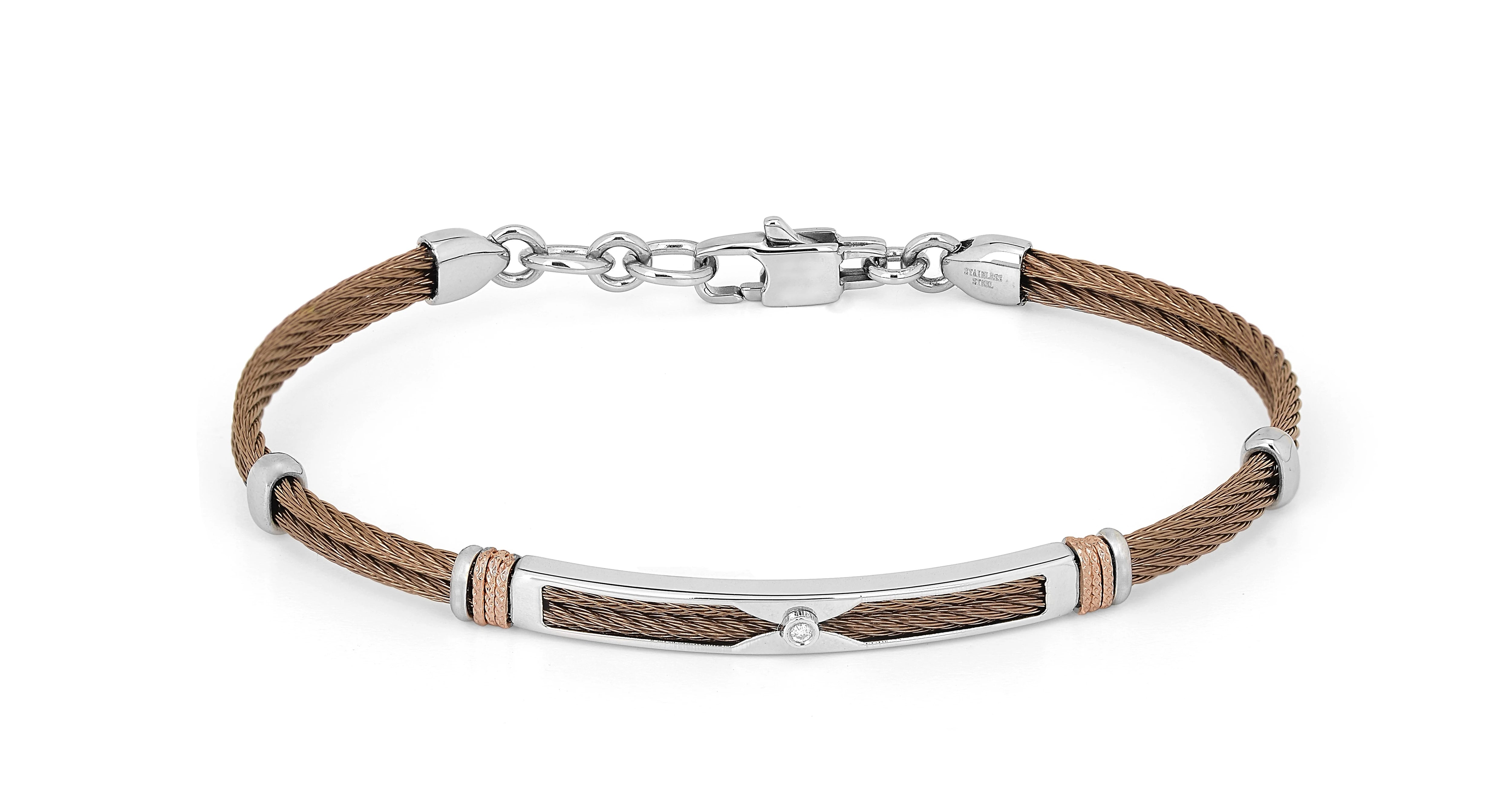 Brown PVD steel cable bracelet with knurled rosé links and Natural Diamond