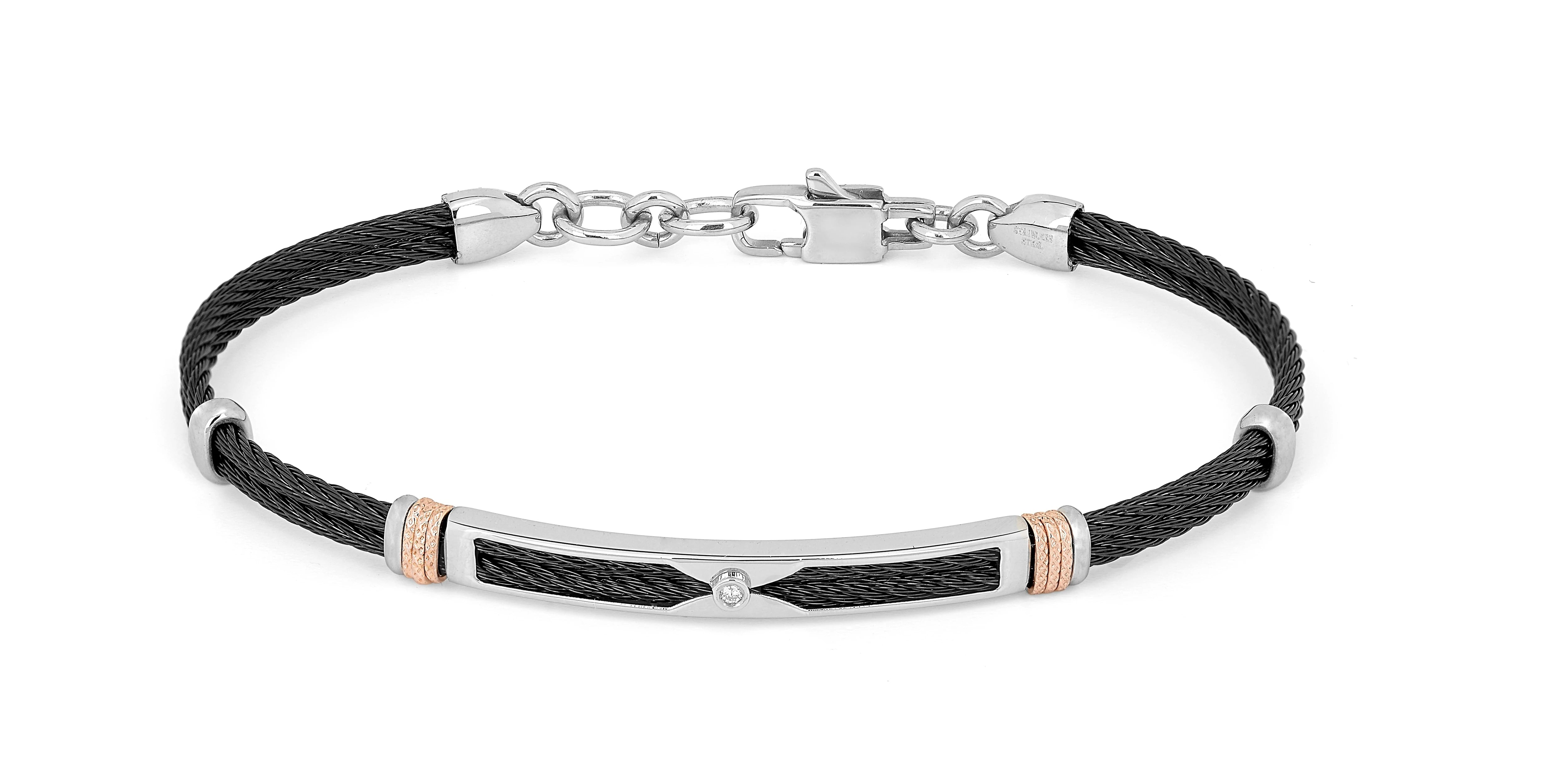 Black PVD steel cable bracelet with knurled rosé links and Natural Diamond