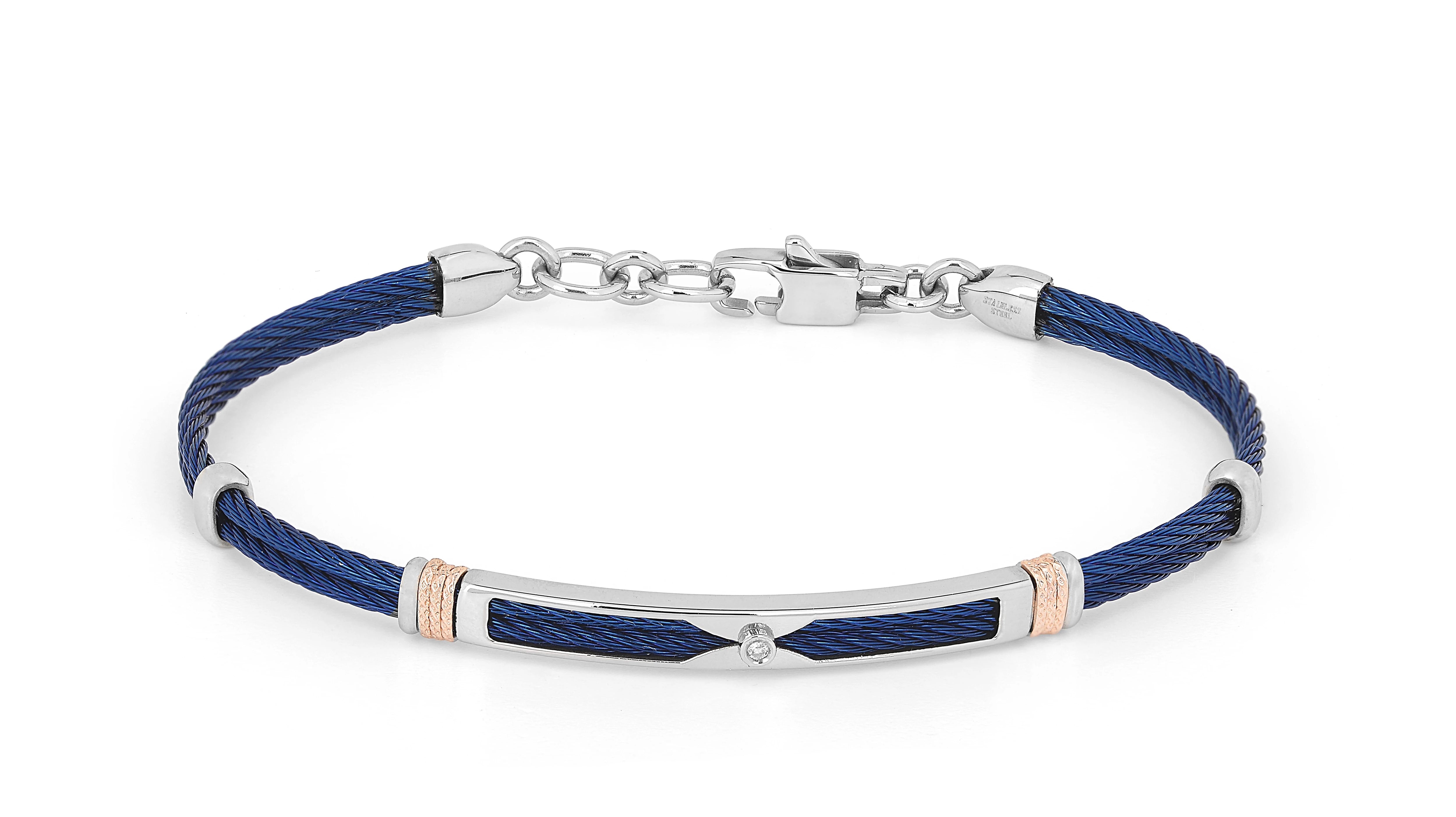 Blue PVD steel cable bracelet with knurled rosé links and Natural Diamond