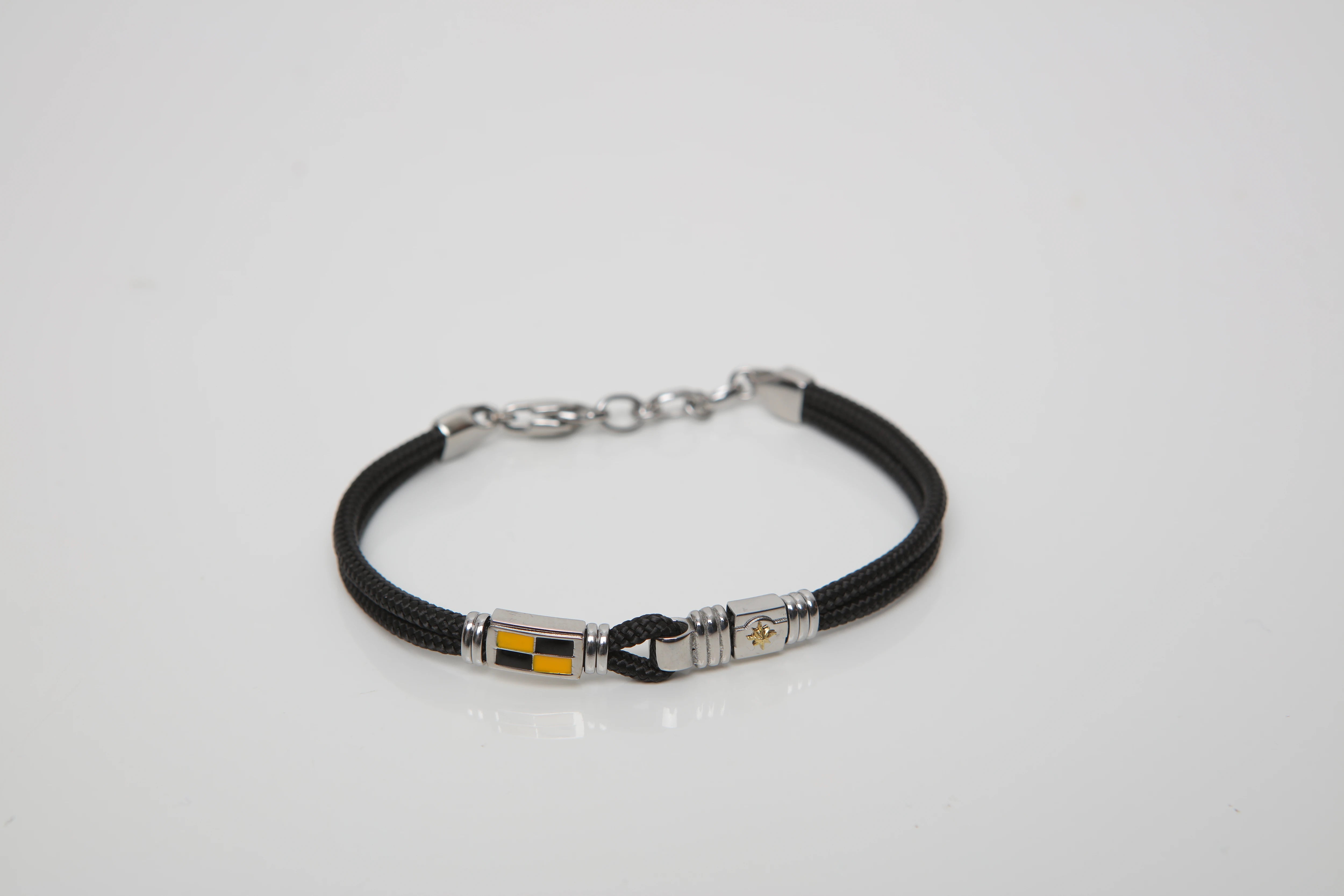 Stainless steel bracelet with micro-cast blank and black nautical rope