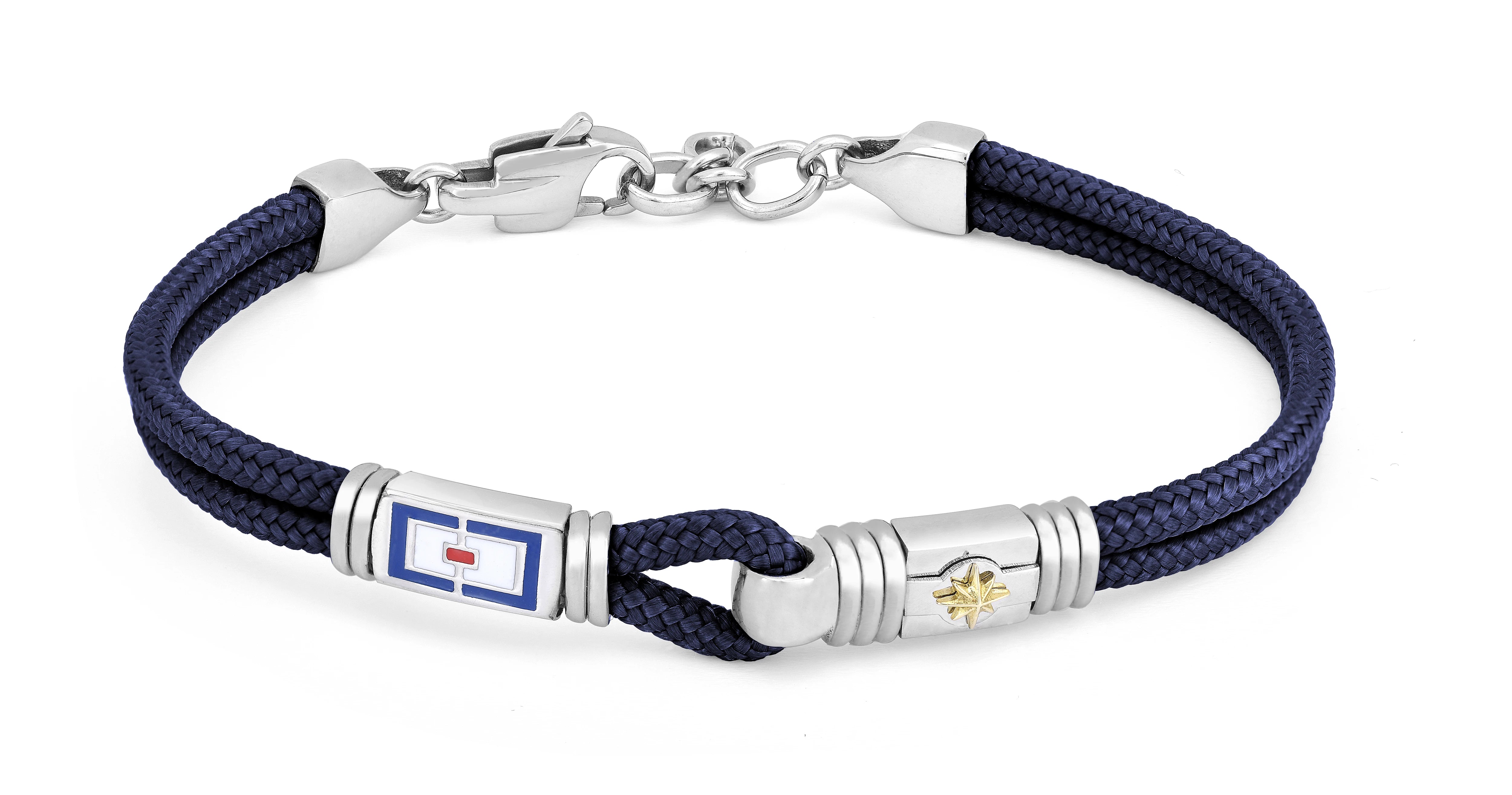 Stainless steel bracelet with micro-cast blank and blue nautical rope