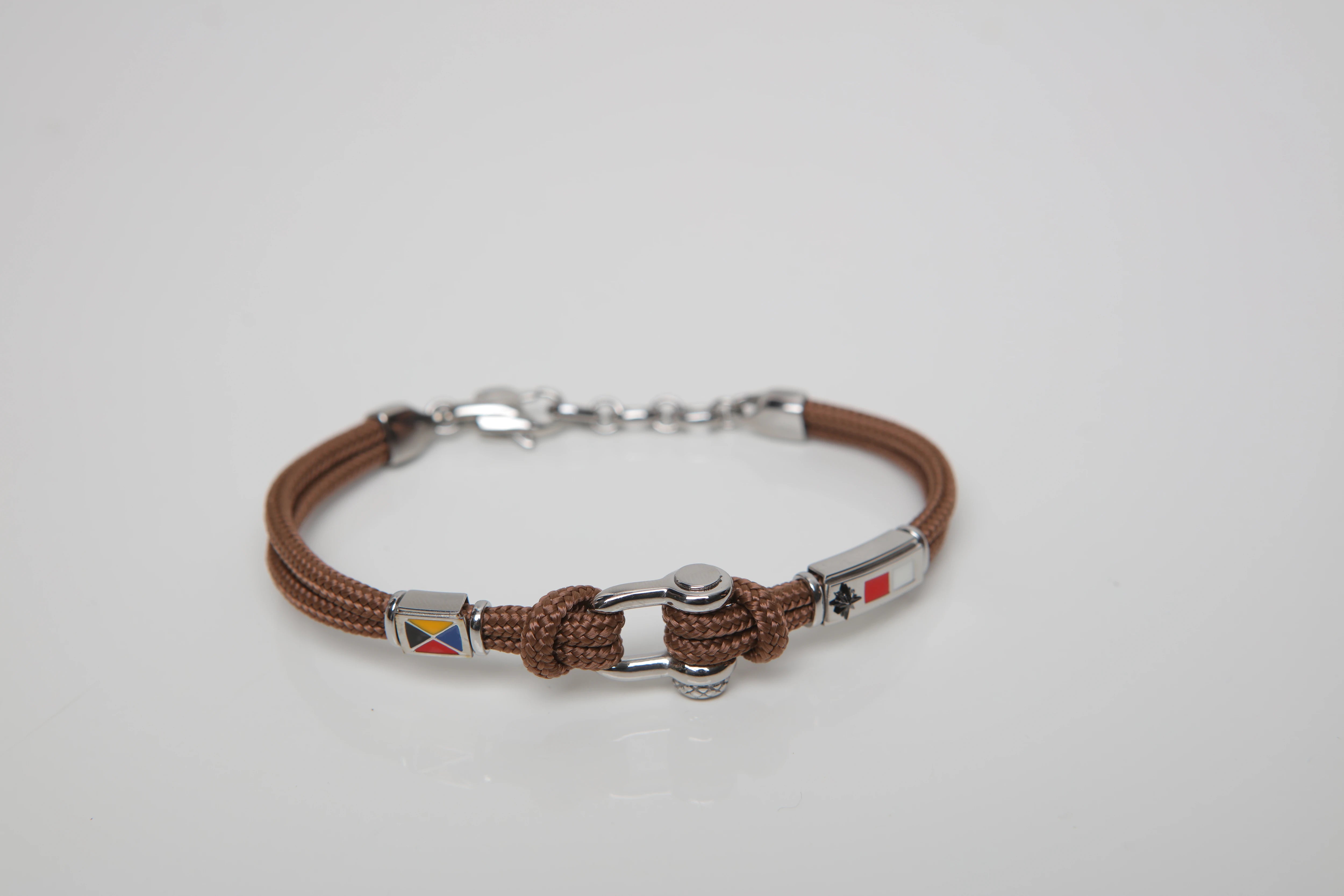 Stainless steel bracelet and brown nautical rope with semi-finished "Grillo" and enameled flags