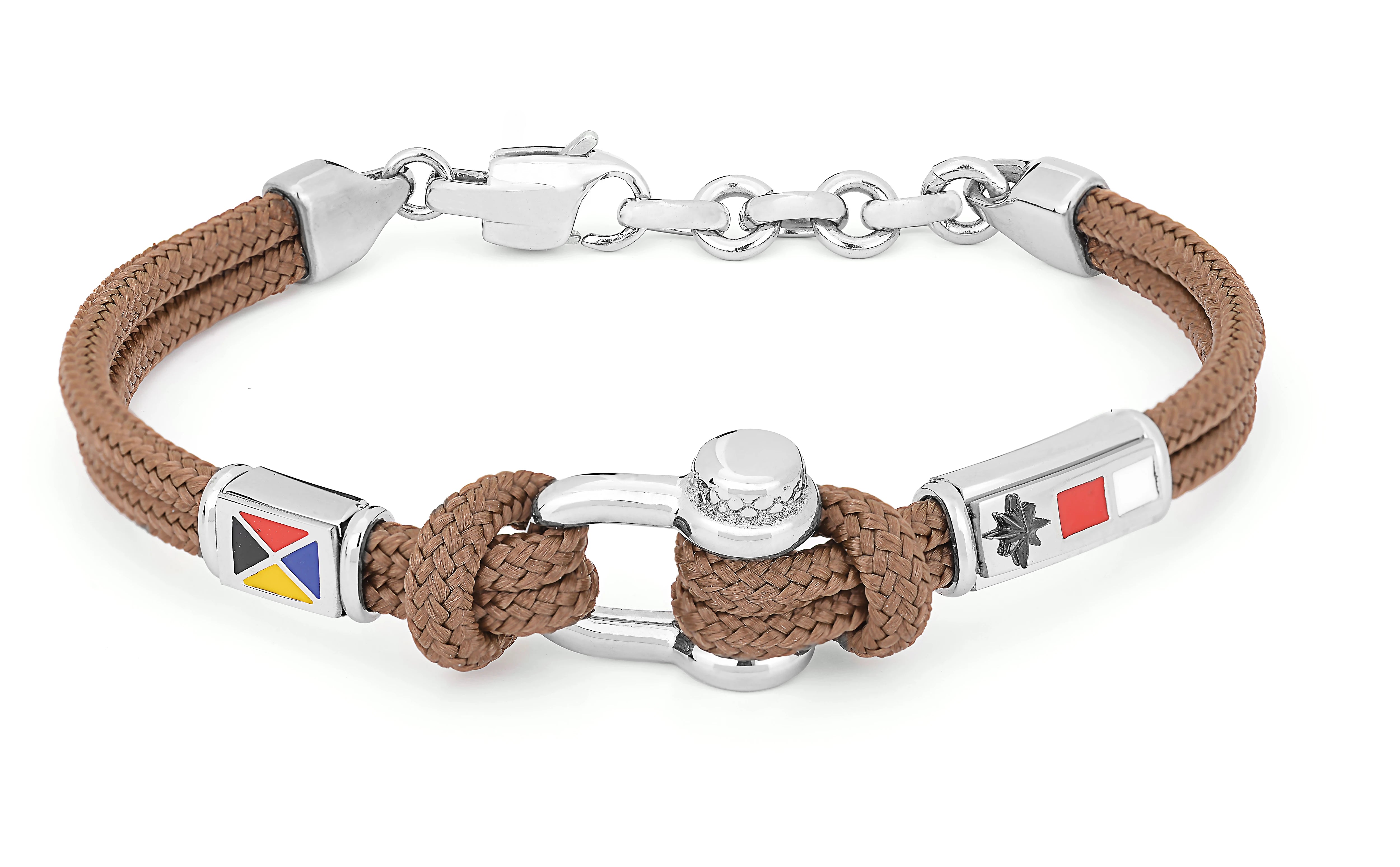 Stainless steel bracelet and brown nautical rope with semi-finished "Grillo" and enameled flags